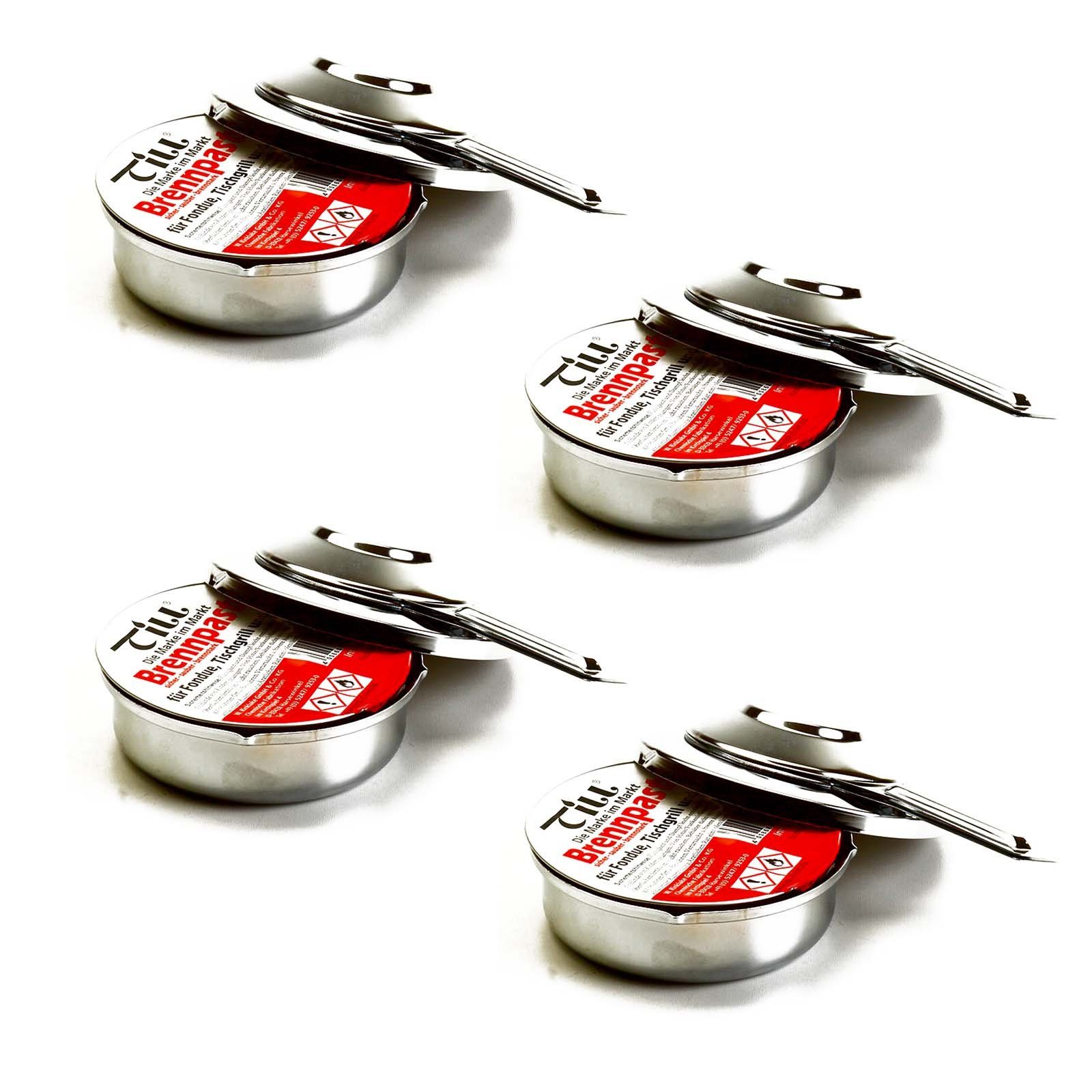 Till Bioethanol 4x Pastenbrenner Spiritusbrenner Rechaud Brenner Fondue Speisewärmer, verchromt mit 4x Ethanol Brennpaste a 80 g