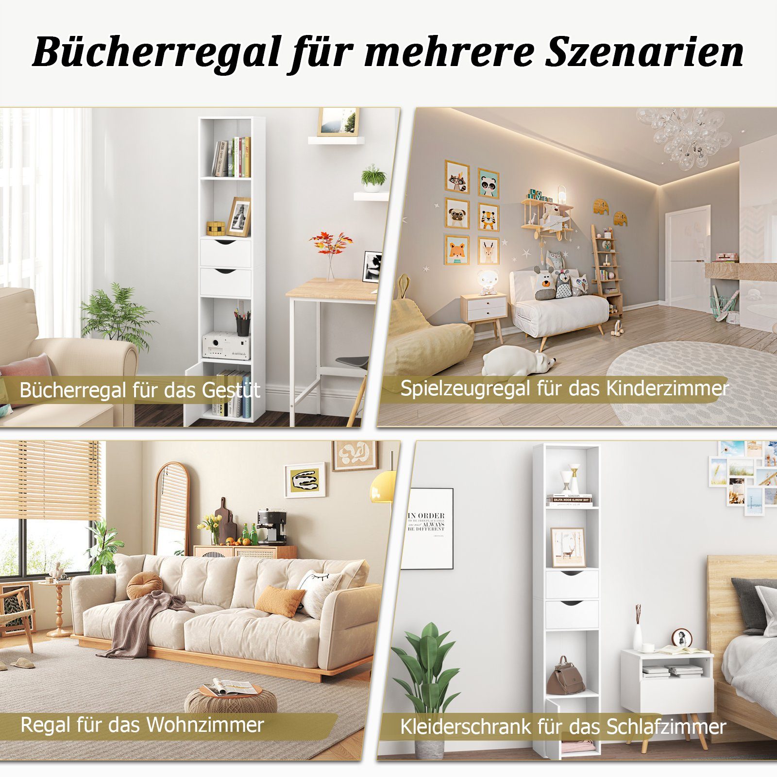 Woltu Bücherregal, 1-tlg., mit Schubladen, Regal mit Tür, 30x158x24 cm, weiß