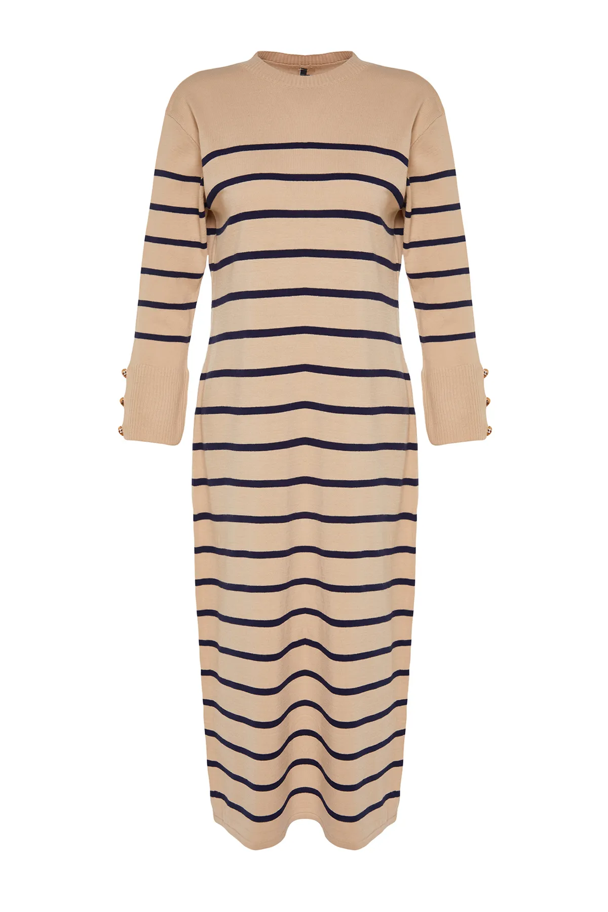 Trendyol Modest  Gestreiftes Strickkleid mit steinfarbenen Ärmeln und Knopfleiste TCTAW24EB00002