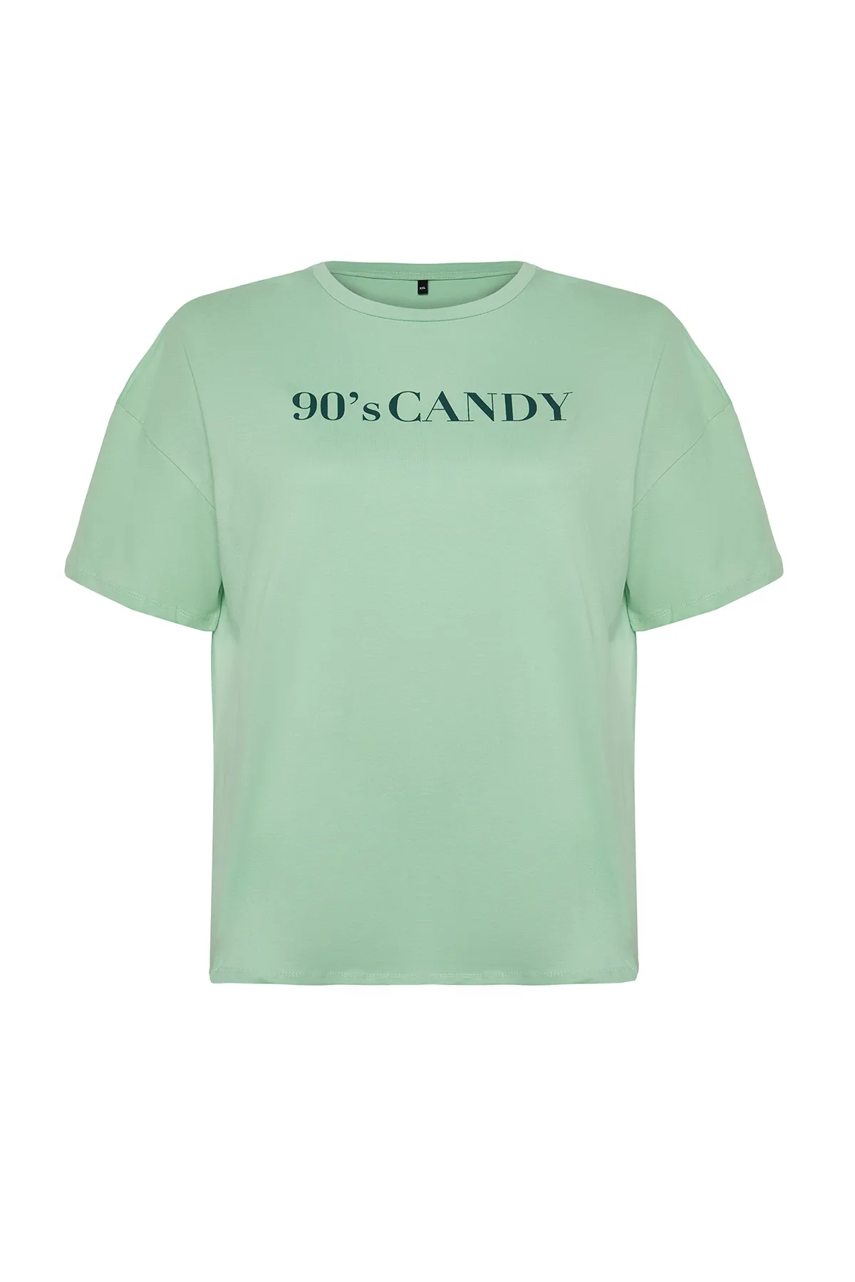 Trendyol Curve  Mintfarbenes, bedrucktes Strick-T-Shirt mit Rundhalsausschnitt und weiter Passform TBBSS23BF00015