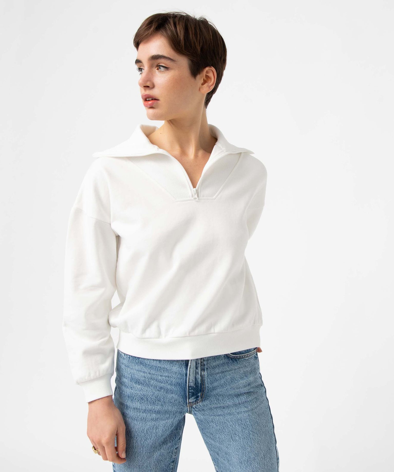 Sweat femme à col camionneur zippé ecru | GEMO