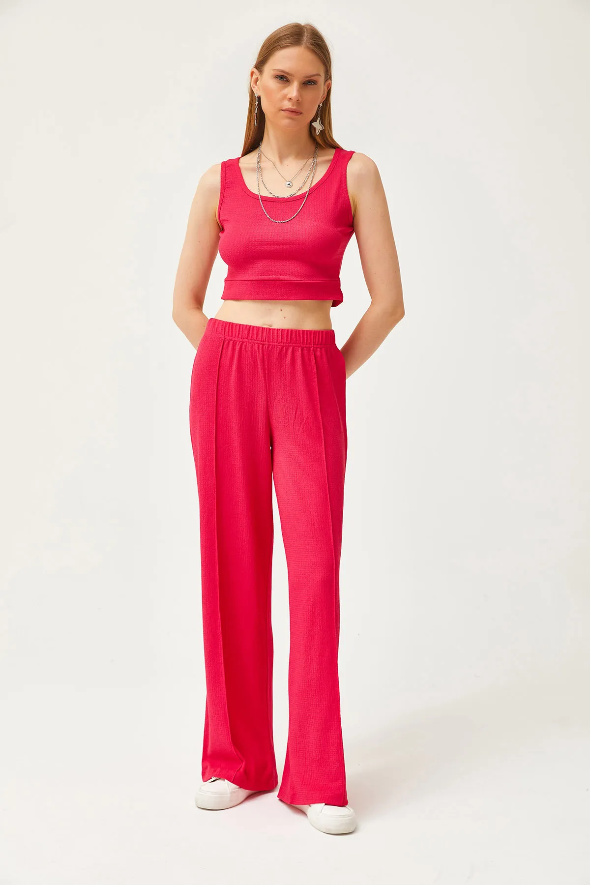 Olalook  Damen-Hemdblusen-Hosen-Set in Fuchsia, 3-teilig, TKM-19000270
