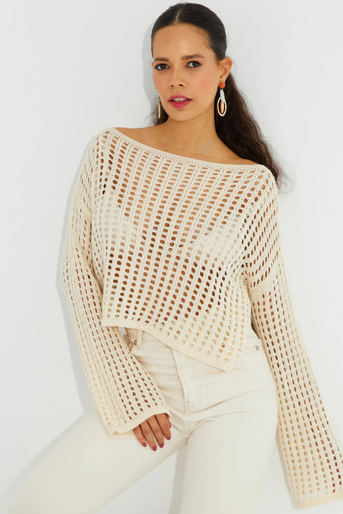 Cool & Sexy  Ecrufarbene, durchbrochene Strick-Kurzbluse mit spanischen Ärmeln für Damen SMT181