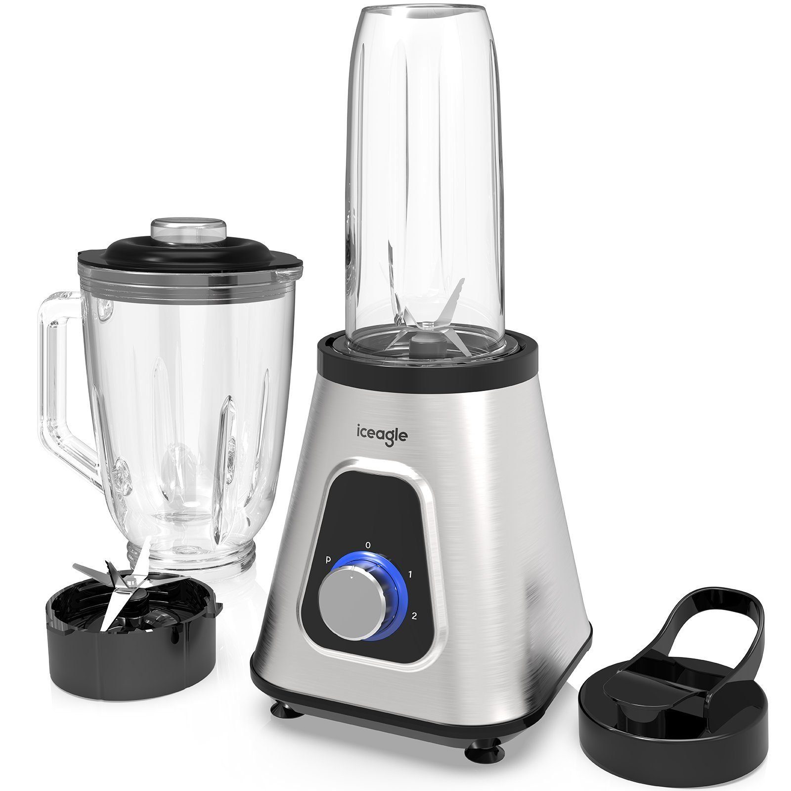 iceagle Standmixer Standmixer 2-in-1 Mixer Smoothie Maker Multifunktion Entsafte Fleisch, 1300,00 W, 2 Ebenen, Edelstahl, 1,5L Glasaufsatz, 0,6L Tragbare Tasse, 6-Kling