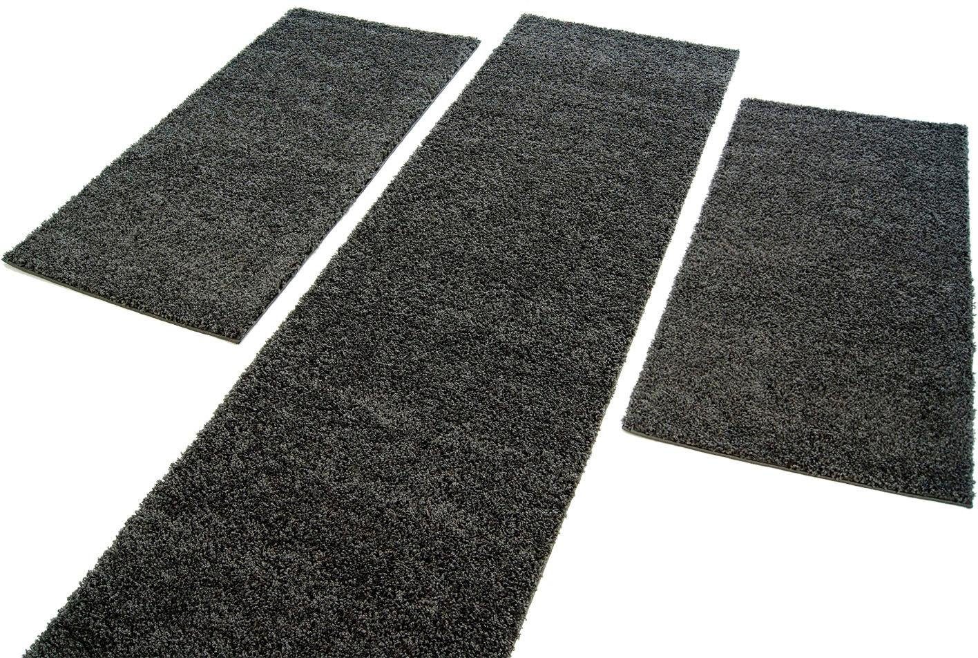 Bettumrandung Shaggi uni 500 Carpet City, Höhe 30 mm, (3-tlg), Shaggy Bettvorleger, Uni-Farben, Läuferset Langflor, Weich
