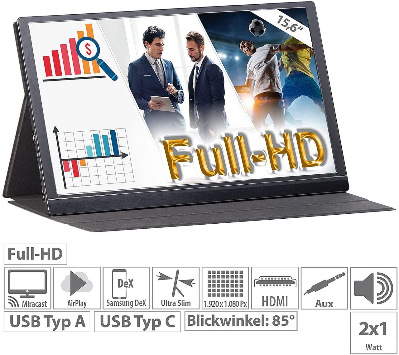 auvisio EZM-210 (ZX-5076-675)   WLAN-Stick Tragbarer Monitor Mobiler Full-HD-IPS-Monitor, 39,6 cm 15.6