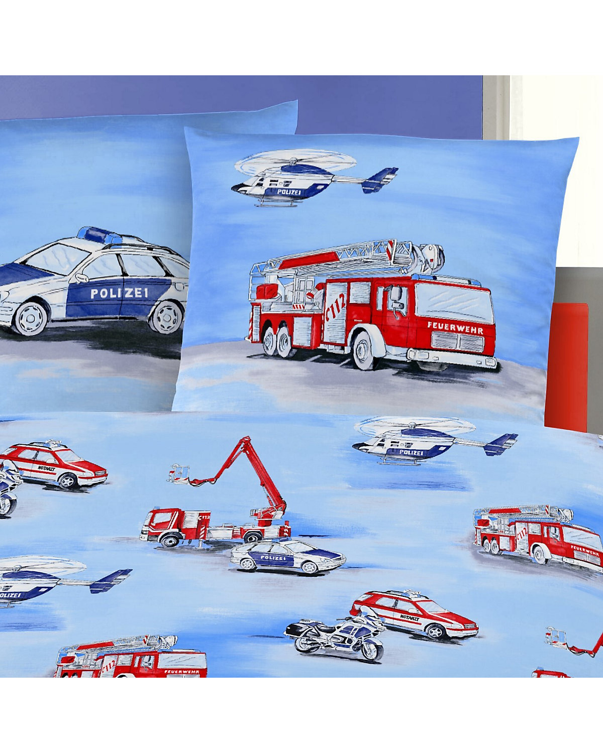 Kinder-Bettwäsche Jungen Polizei & Feuerwehr Fahrzeuge, Biber, 135 x 200 cm + 80 x 80 cm