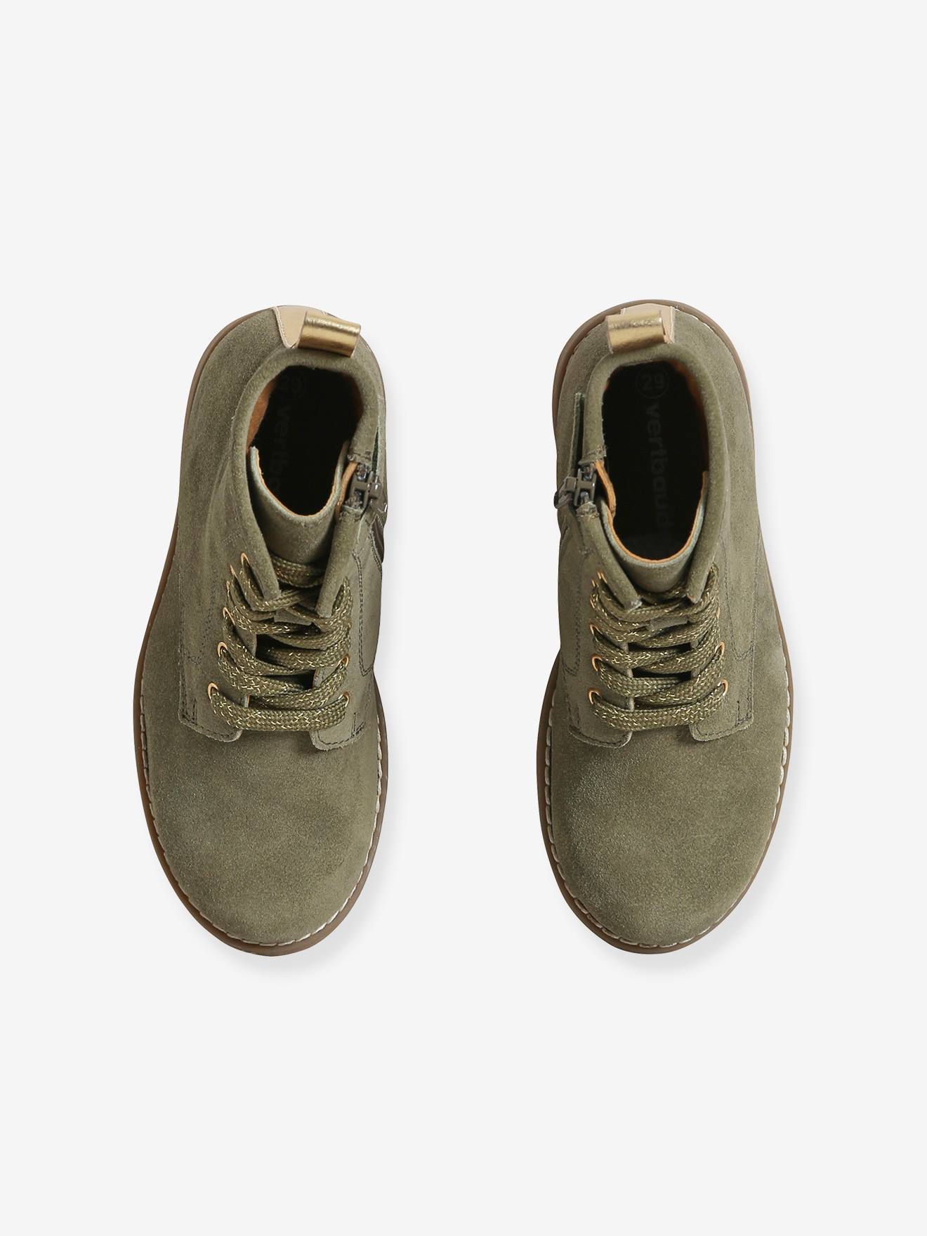 Bottines cuir fille à lacets + glissière kaki