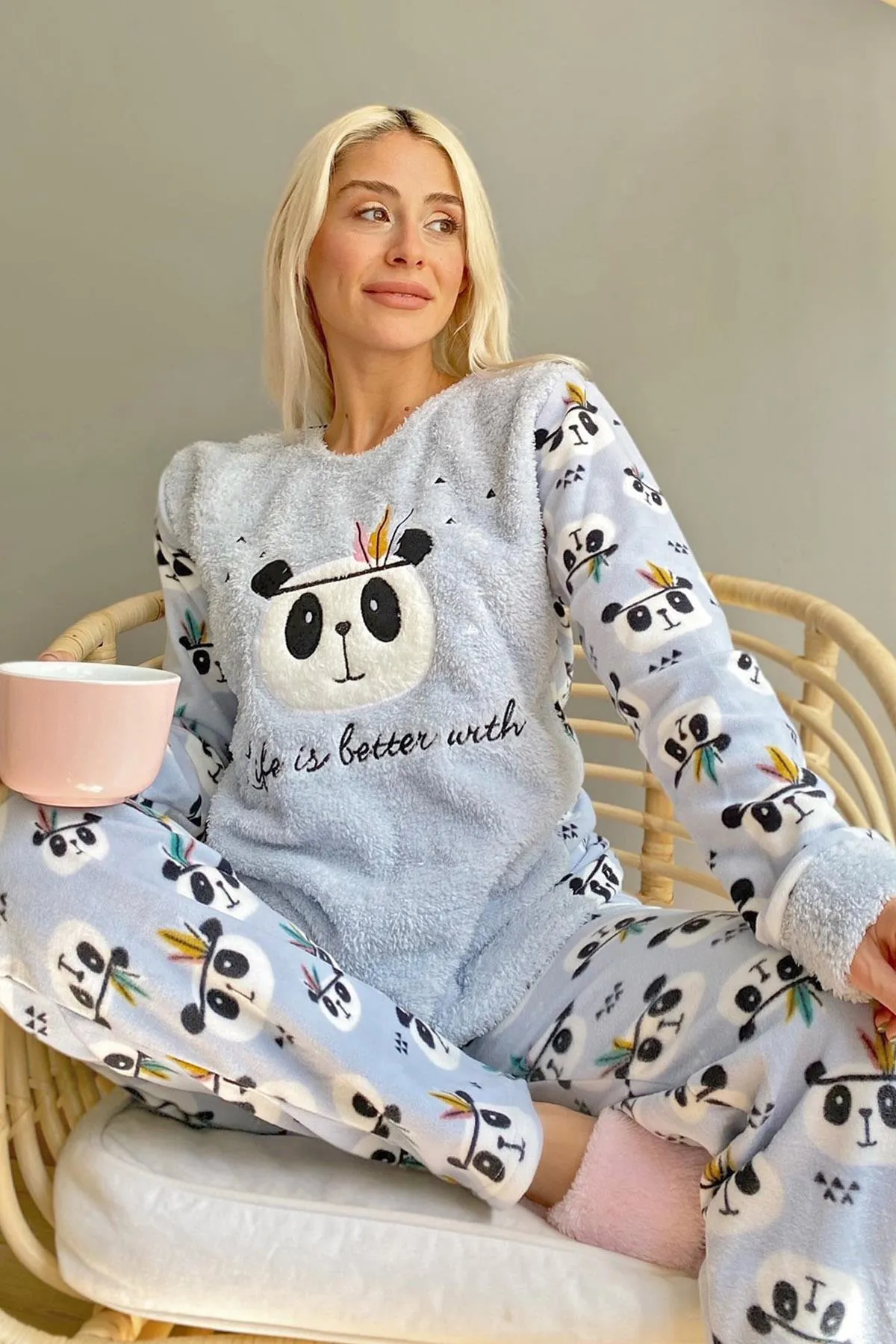 Pijamaevi  Mavi Life Panda gemustertes Plüsch-Pyjama-Set für Damen