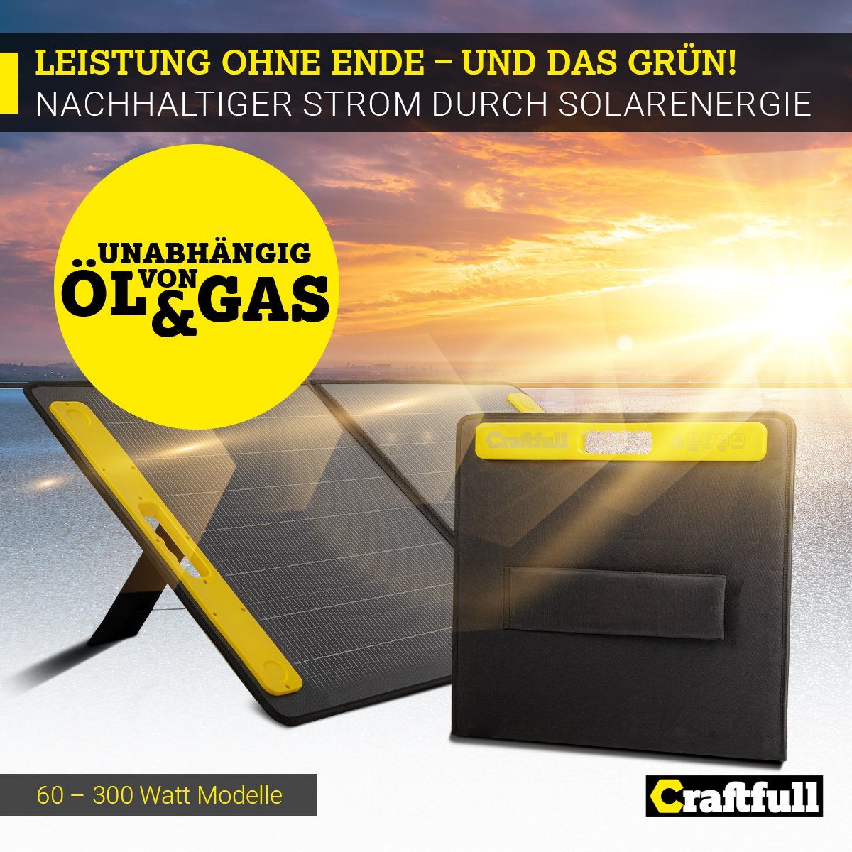 Craftfull Solarmodul Solarpanel faltbar Adventure 60 100 200 300 Watt Solarpanel, 60,00 W, Mono-Schindelzellen, (2x USB-A 1x USB-C Anschluss, ≥ 22% höherer Wirkungsgrad, Integrierte Tasche für Zubehör, Ladekabel für Craftfull Powerstation, 1-St., Tra