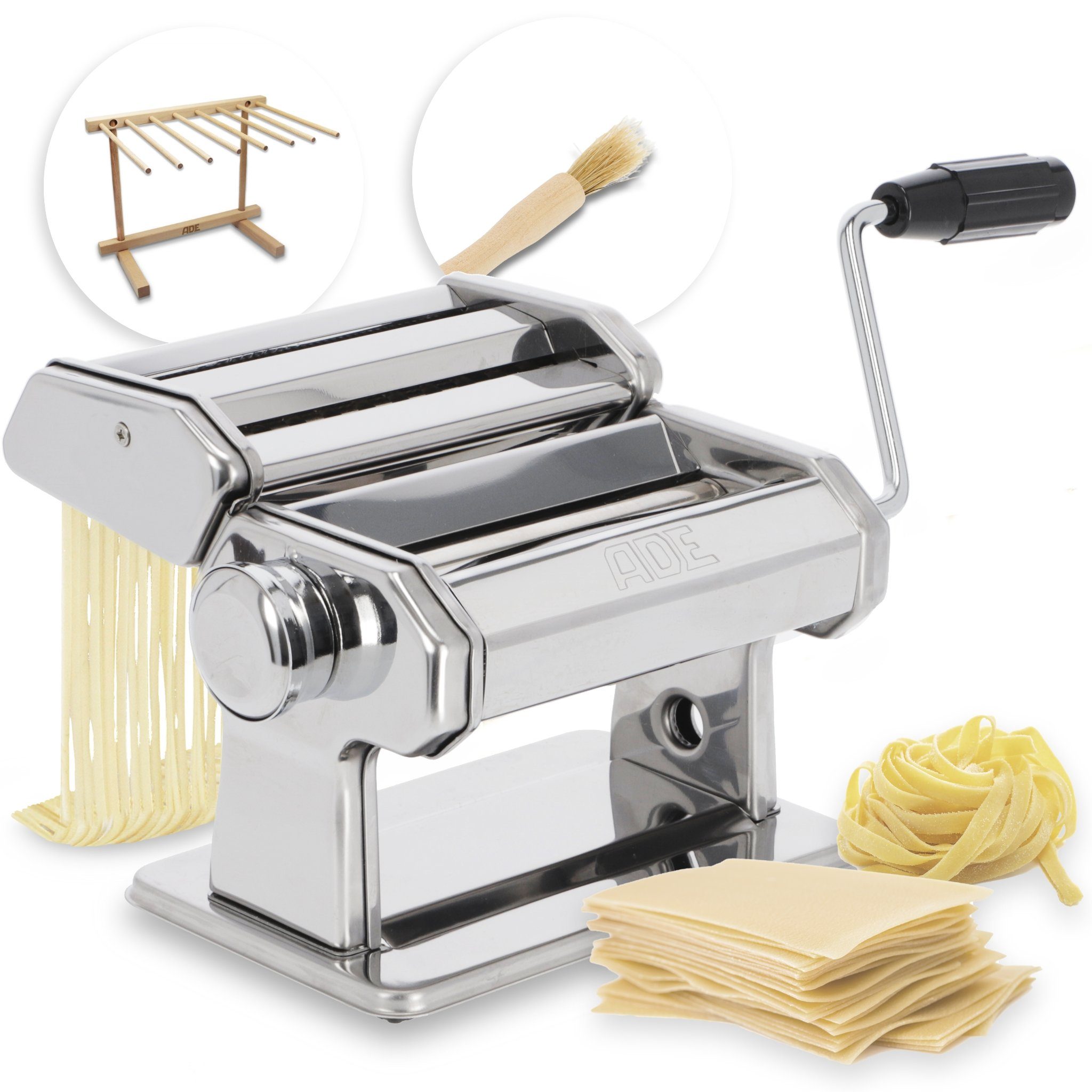 ADE Nudelmaschine Edelstahl, manuelle Pastamaschine, Pastamaker zur Herstellung von Lasagneplatten, Spaghetti, Fettuccine