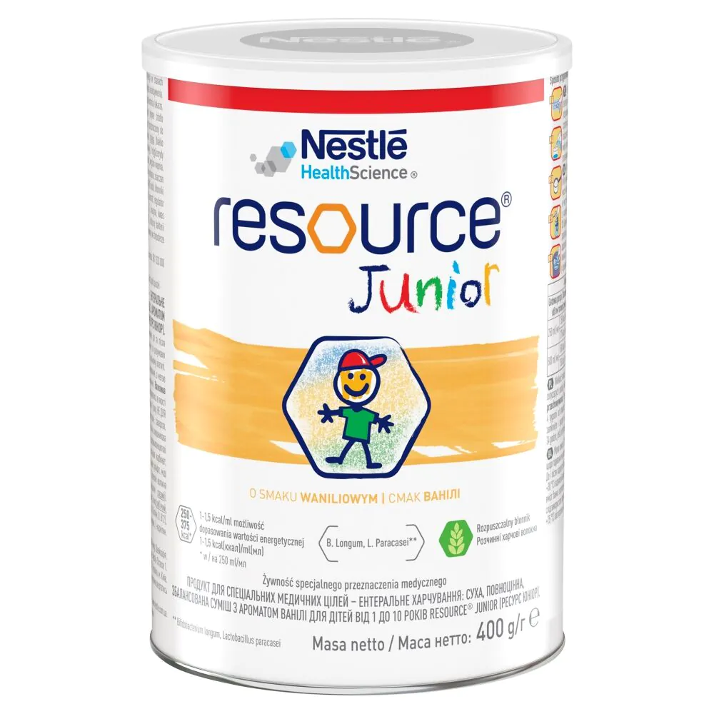 „Resource Junior“, miltelių pavidalo dieta vaikams nuo 1 metų amžiaus, vanilės skonio