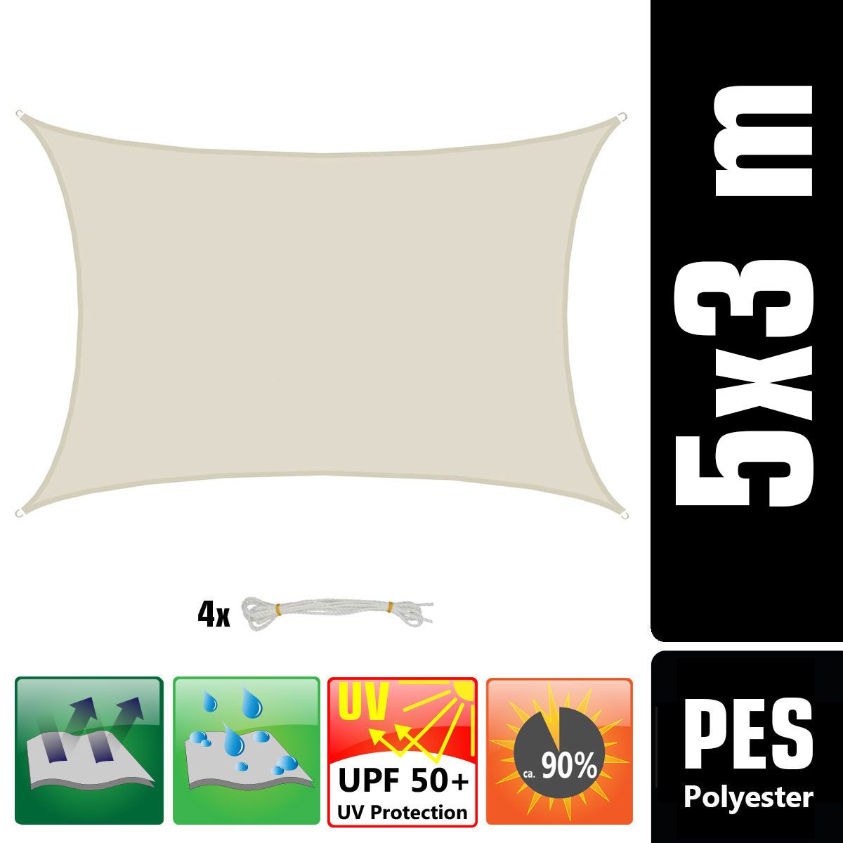 AMANKA 3x5 Wasserdichtes Beige Sonnensegel mit Befestigung