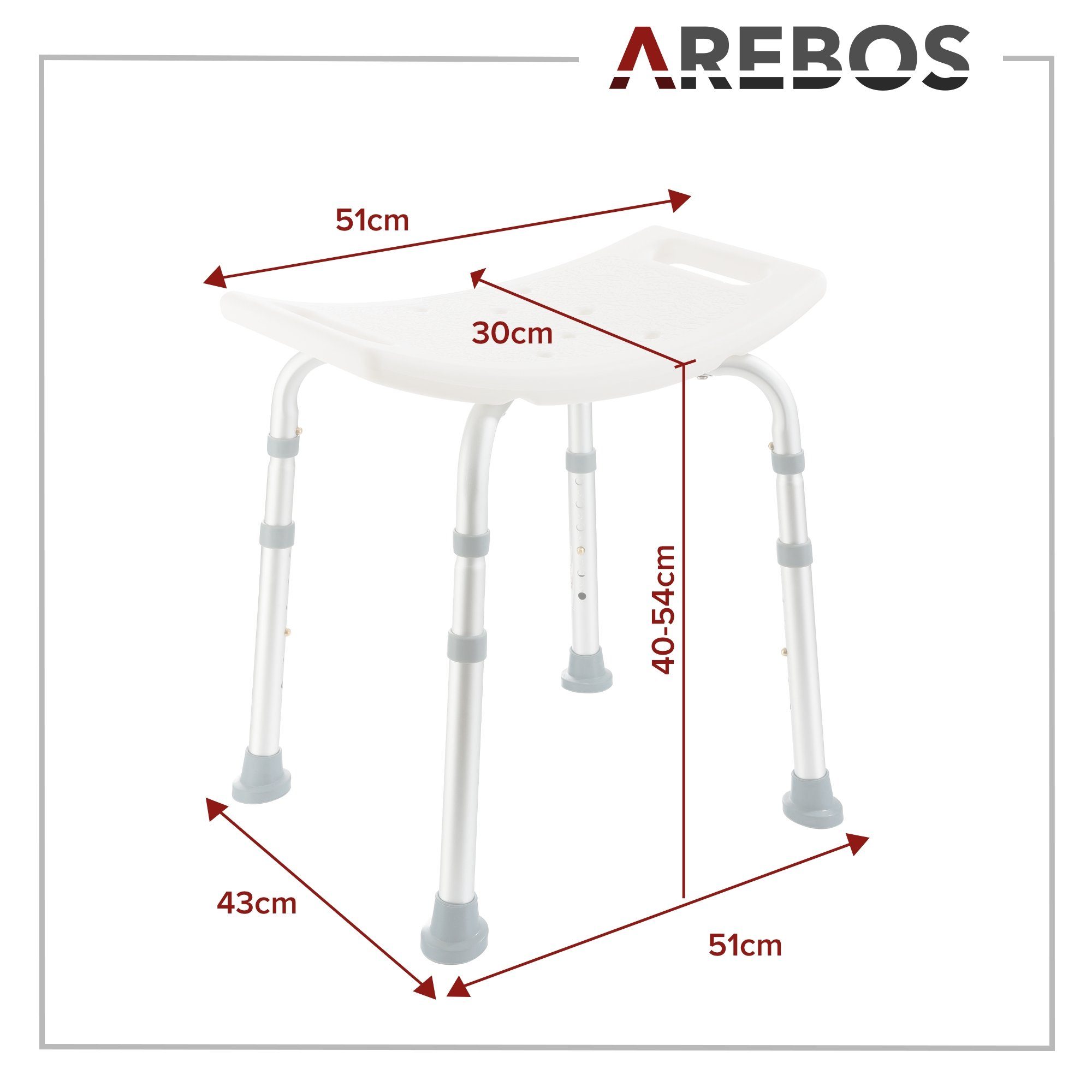 Arebos Dusch- und Badhocker Höhenverstellbar, Aluminium-Rahmen, Anti-Rutsch-füße, belastbar bis 100 kg, Gummifüße