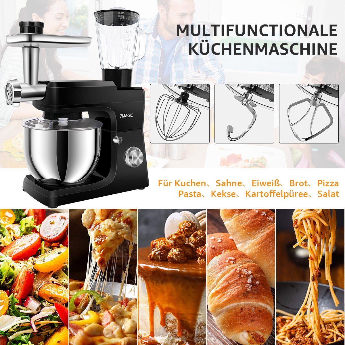 7Magic Küchenmaschine 5 in 1 Multifunktions Standmixer, 1500 W, 7 l Schüssel, 6+0 Geschwindigkeiten und vollem Zubehör