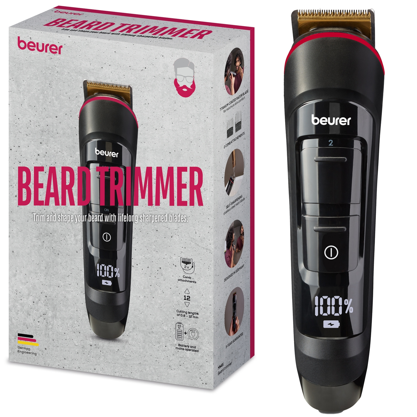 Beurer Barttrimmer MN4X-Abwaschbarer Trimmer mit Edelstahlklinge und Titaniumbeschichtung