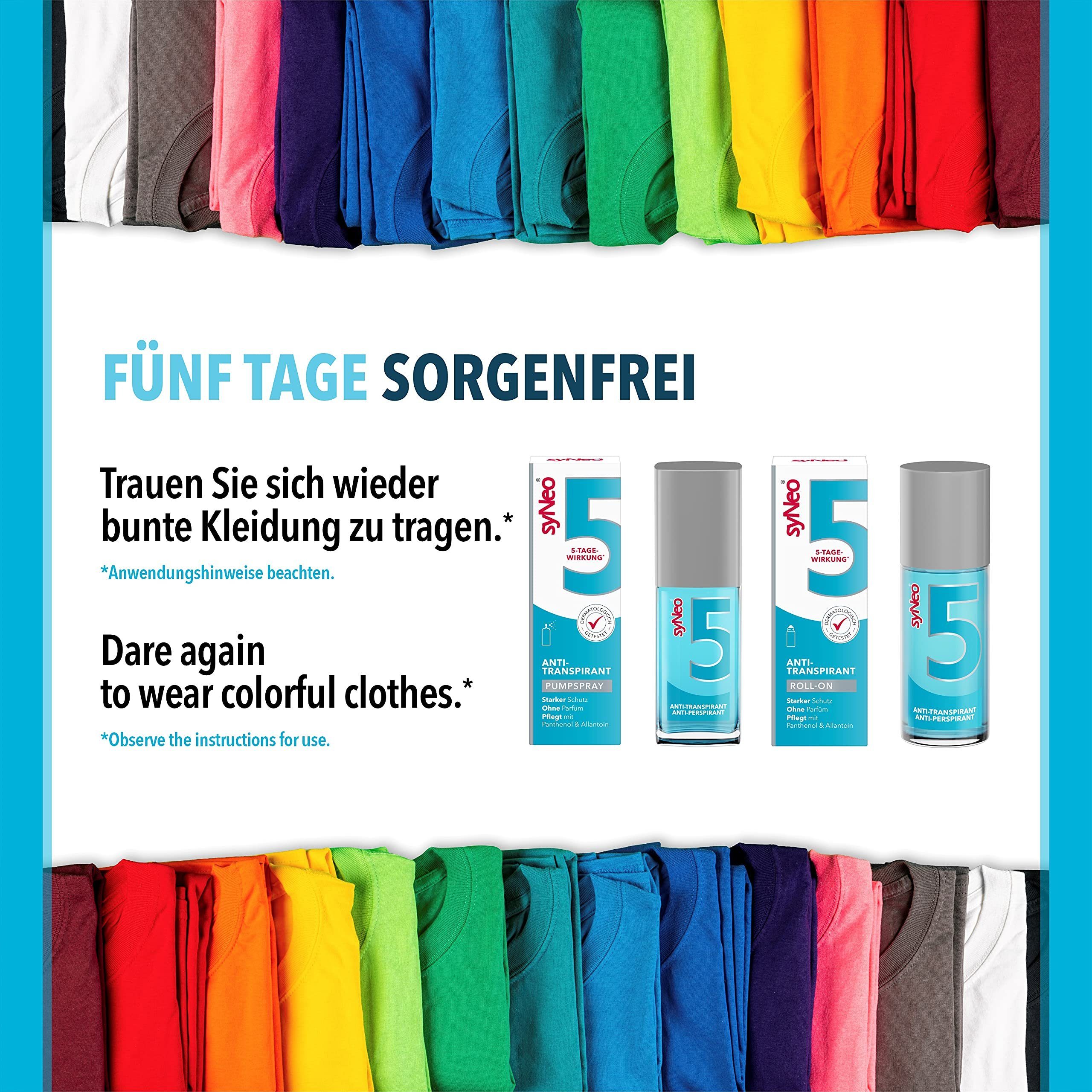 syNeo Deo-Pumpspray syNeo 5 Antitranspirant Spray gegen Schwitzen für Frauen und Männer, 1-tlg., Bis zu 5 Tage Schutz, Dermatologisch getestet, ohne Parfüm