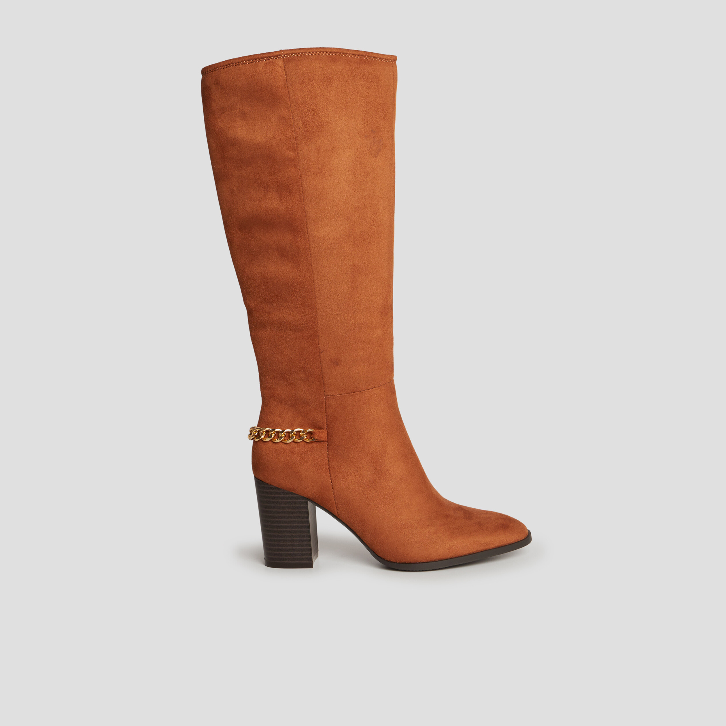 Bottes hautes détails chaînes à talons marron cognac femme | La Halle
