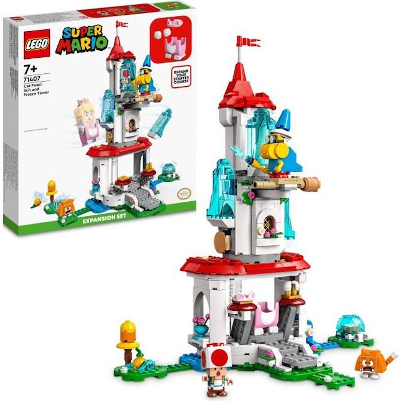 LEGO 71407 Super Mario Ensemble d’Extension La Tour Gelée et le Costume de Peach Chat, Figurine Toad, Jouet Château, Enfants 8 Ans jaune