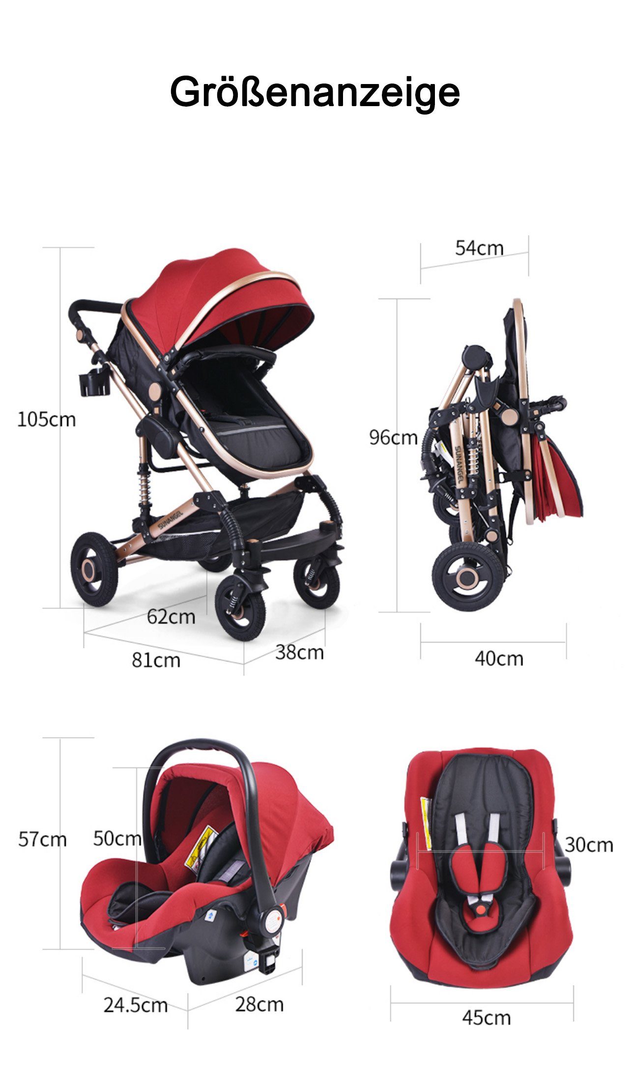 TPFLiving Kombi-Kinderwagen Babyschale Baby Buggy Babywanne 5-Punkt-Sicherheitsgurt Moskitonetz, Getränkehalter Kinderwagen 3 in 1 inkl. großem Zubehörset Schwarz