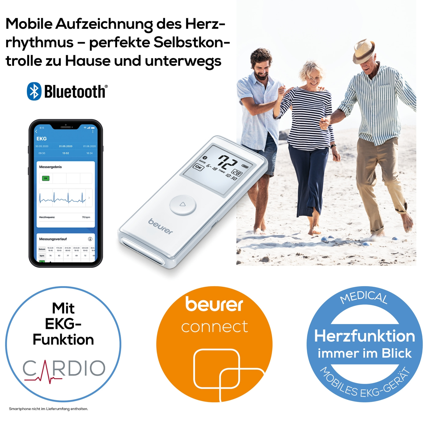 Beurer mobiles EKG-Gerät  ME 90-App-kompatibles & mobiles EKG-Gerät zur Herzrhythmus Aufzeichnung und Kontrolle