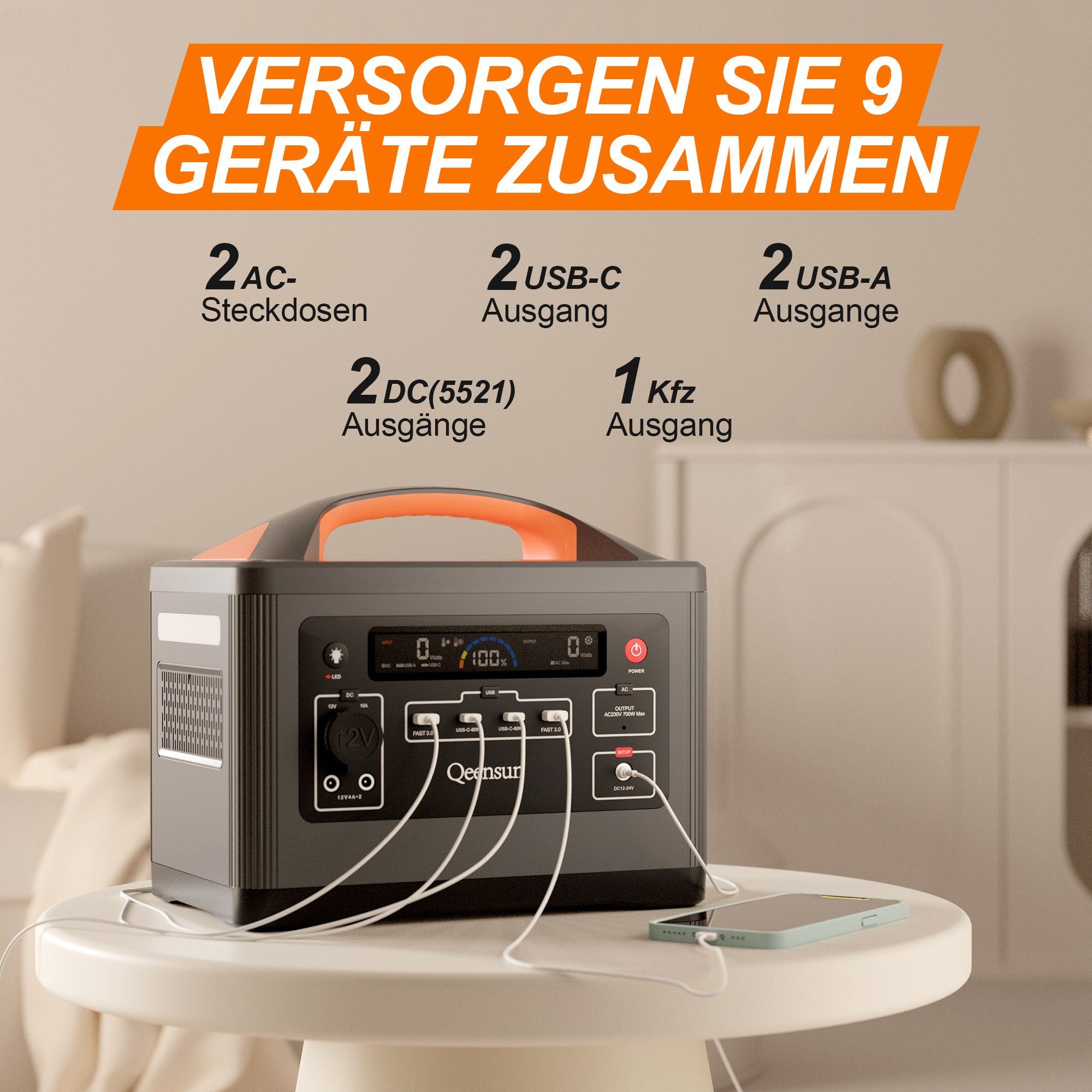 farfi Stromerzeuger Tragbare Powerstation, Mobile LiFePO4, 537.6Wh Solar,230V/ 700W AC, (Set, Benutzerhandbuch,AC-Adapter,Zigarettenanzünderkabel,DC zu MC4 Kabel), Solarladung,Einfach zu verwenden