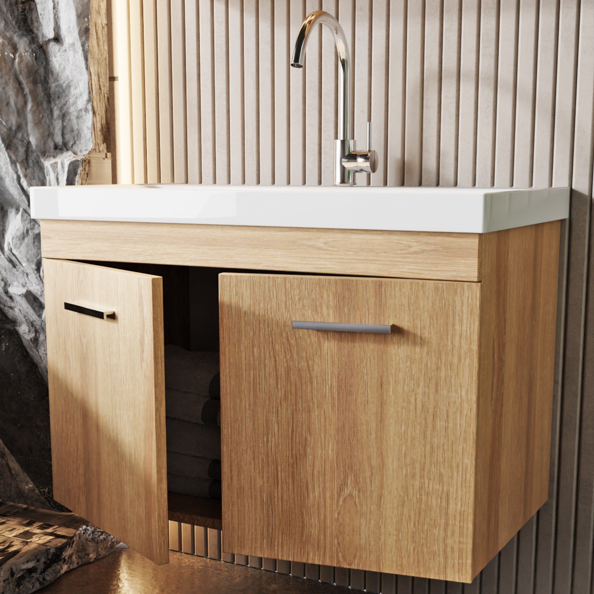 Karen Badezimmer-Set Nil, (Komplett-Set, Standartmäßig 3-Teilig (Unterschrank, Spiegelschrank, Waschbecken), Der Lieferumfang umfasst Unterschrank, Spiegelschrank und Waschbecken), Klassisches Design, Holzfurnier-Beschichtung, Softclose, Bügelgriffe