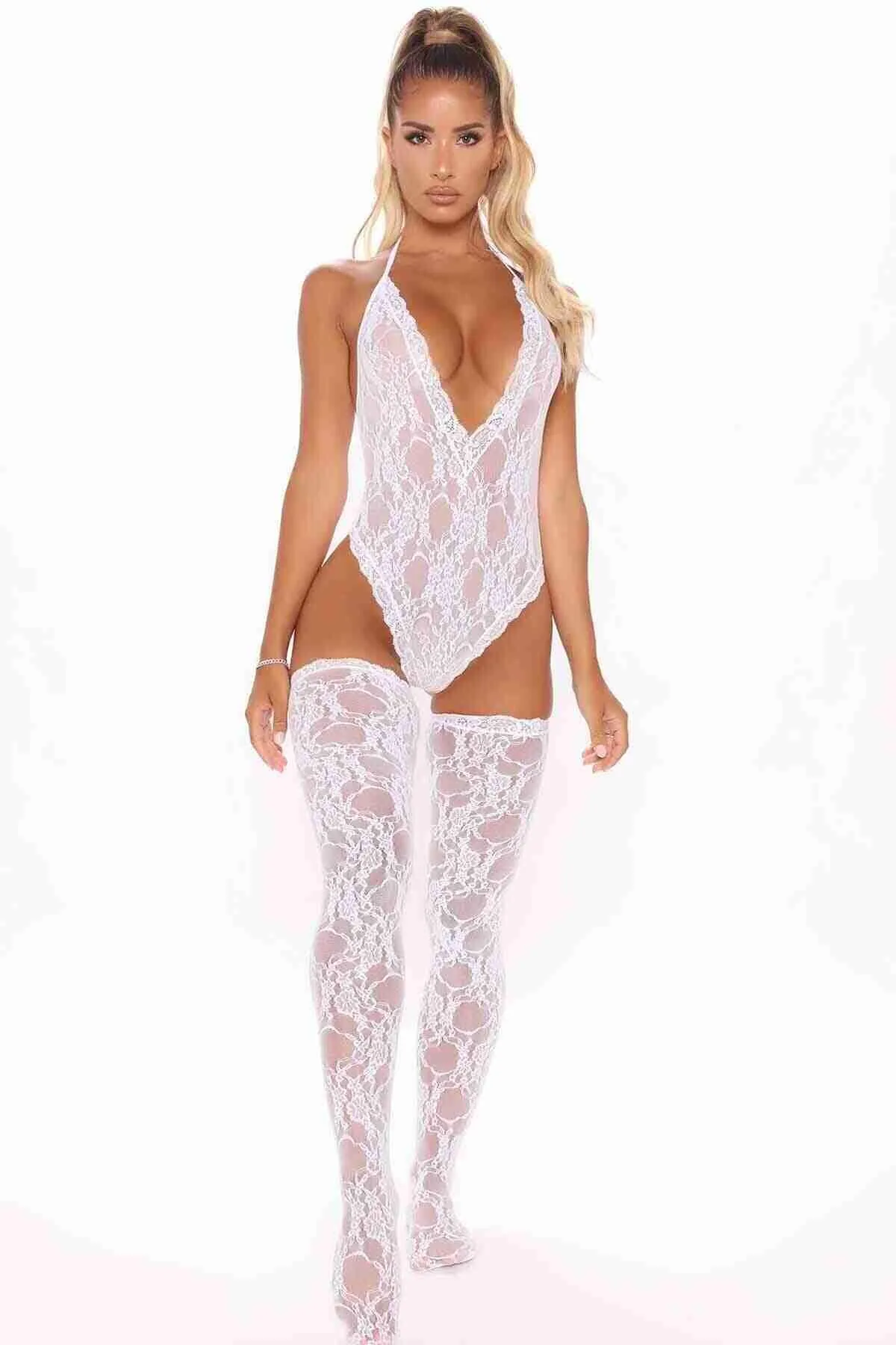 Merry See  Pilelistore Fancy Lingerie Bodysuit mit Spitzenstrümpfen Weiß - Ms79202-white