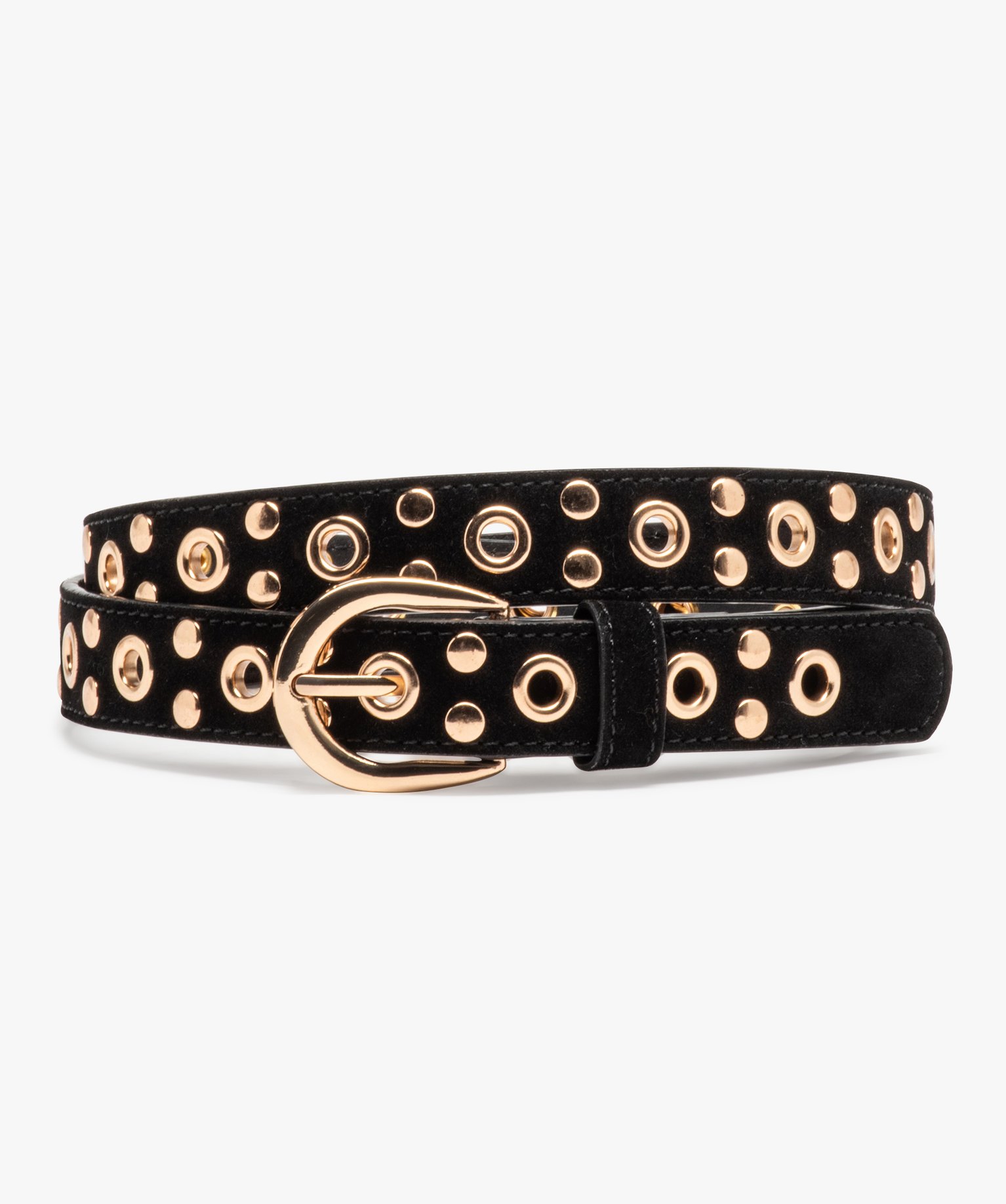 Ceinture fine toucher velours à illets et clous dorés femme noir | GEMO