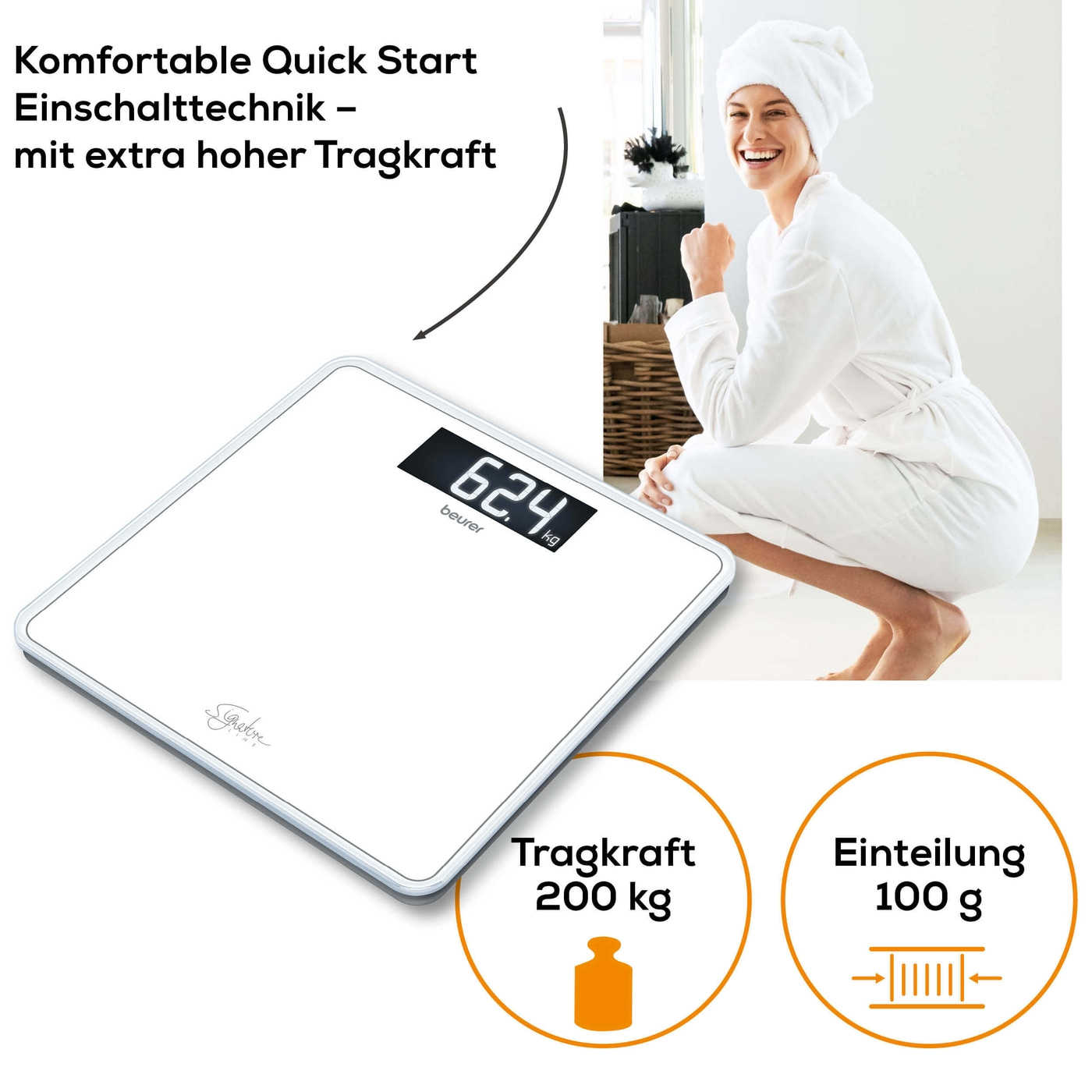 Glaswaage GS 400 SignatureLine White-Große Personenwaage aus Glas im edlen Design - bis 200 kg