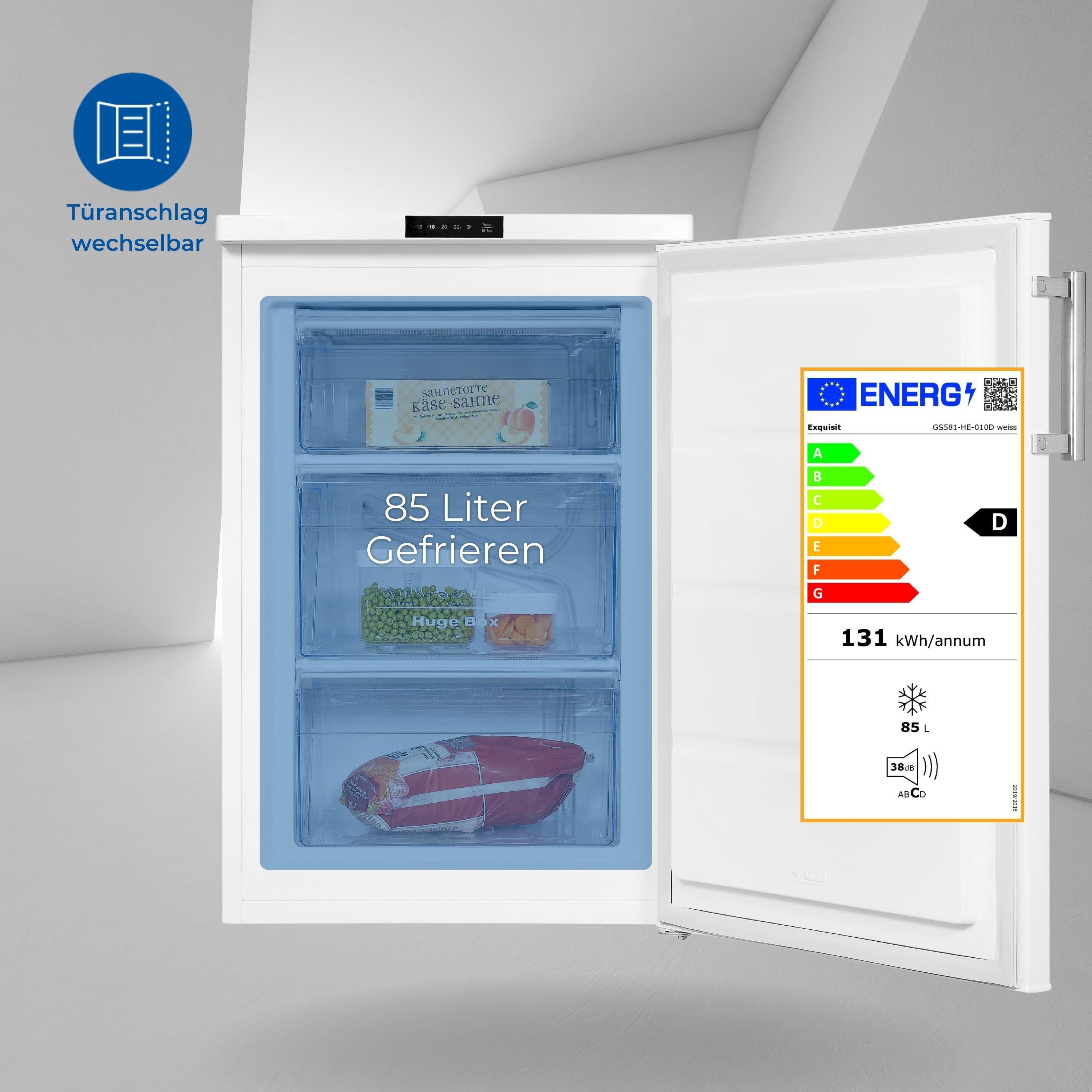 exquisit Gefrierschrank GS581-HE-010D, 84.5 cm hoch, 56 cm breit, mit praktischem Display & Schnell-Gefrieren