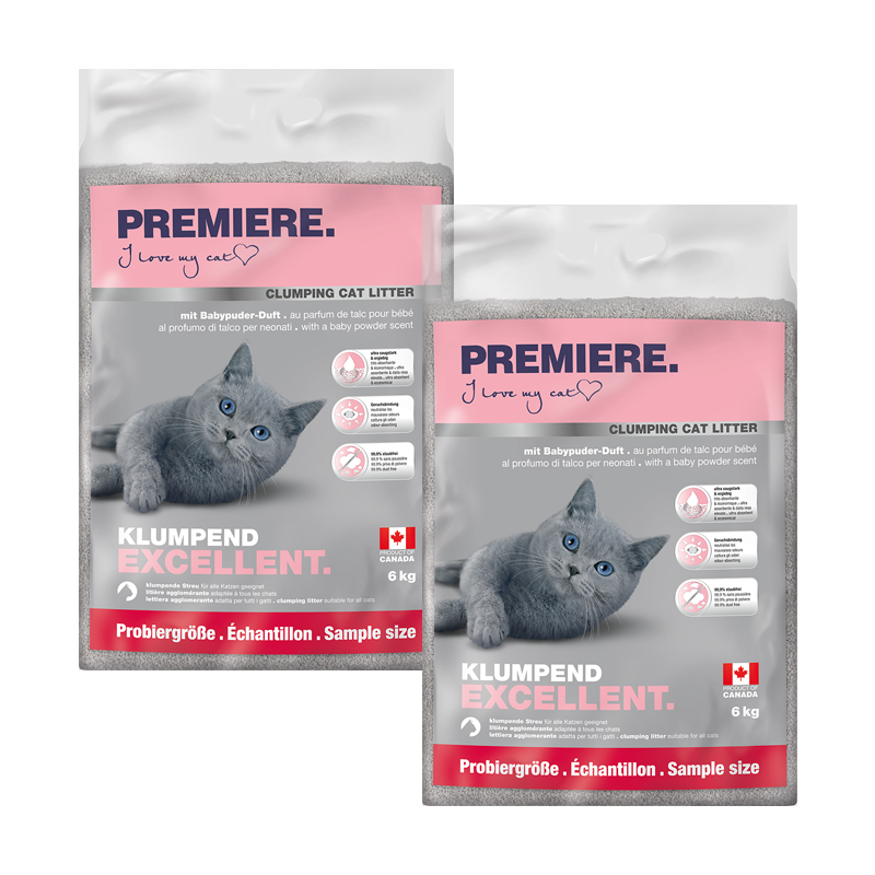 PREMIERE Katzenstreu PREMIERE Excellent Klumpstreu, Babypuder-Duft 2x6 kg