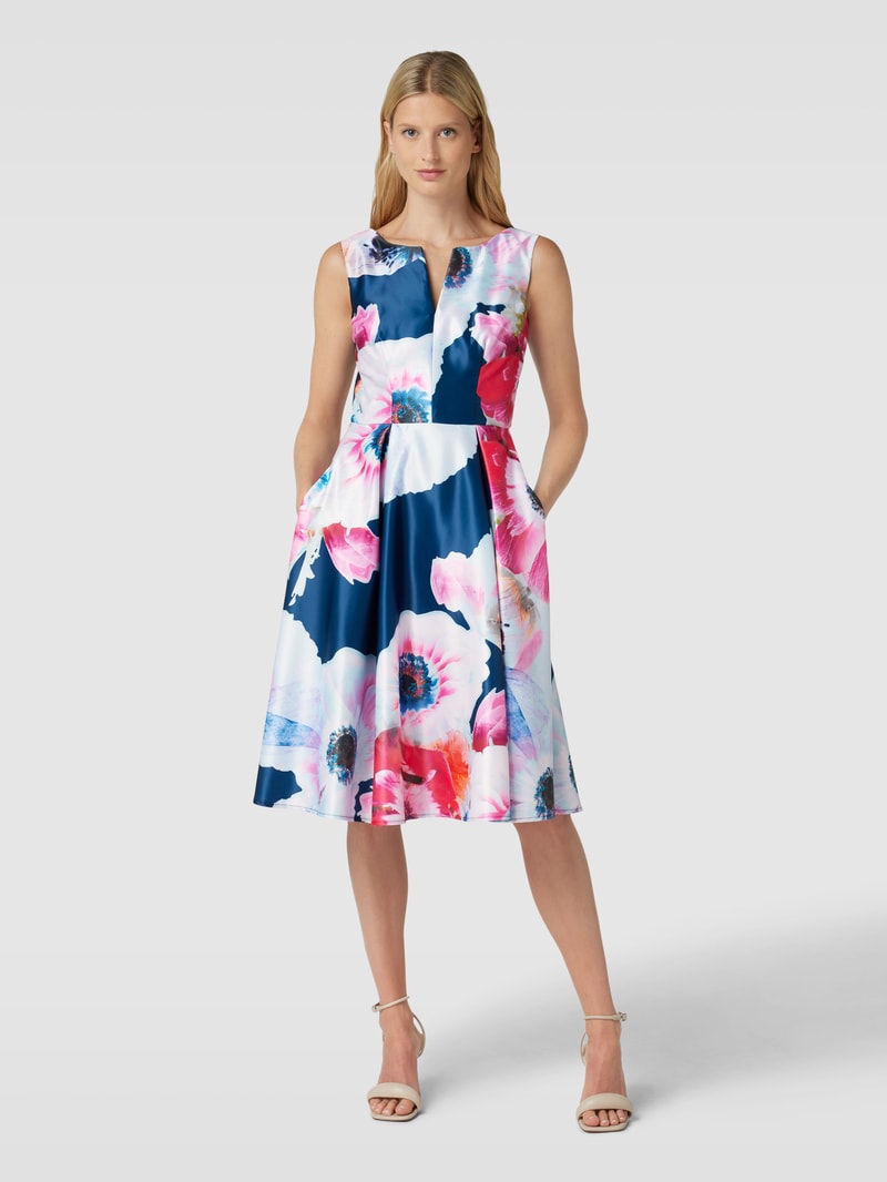 Cocktailkleid mit floralem Muster in marineblau meliert