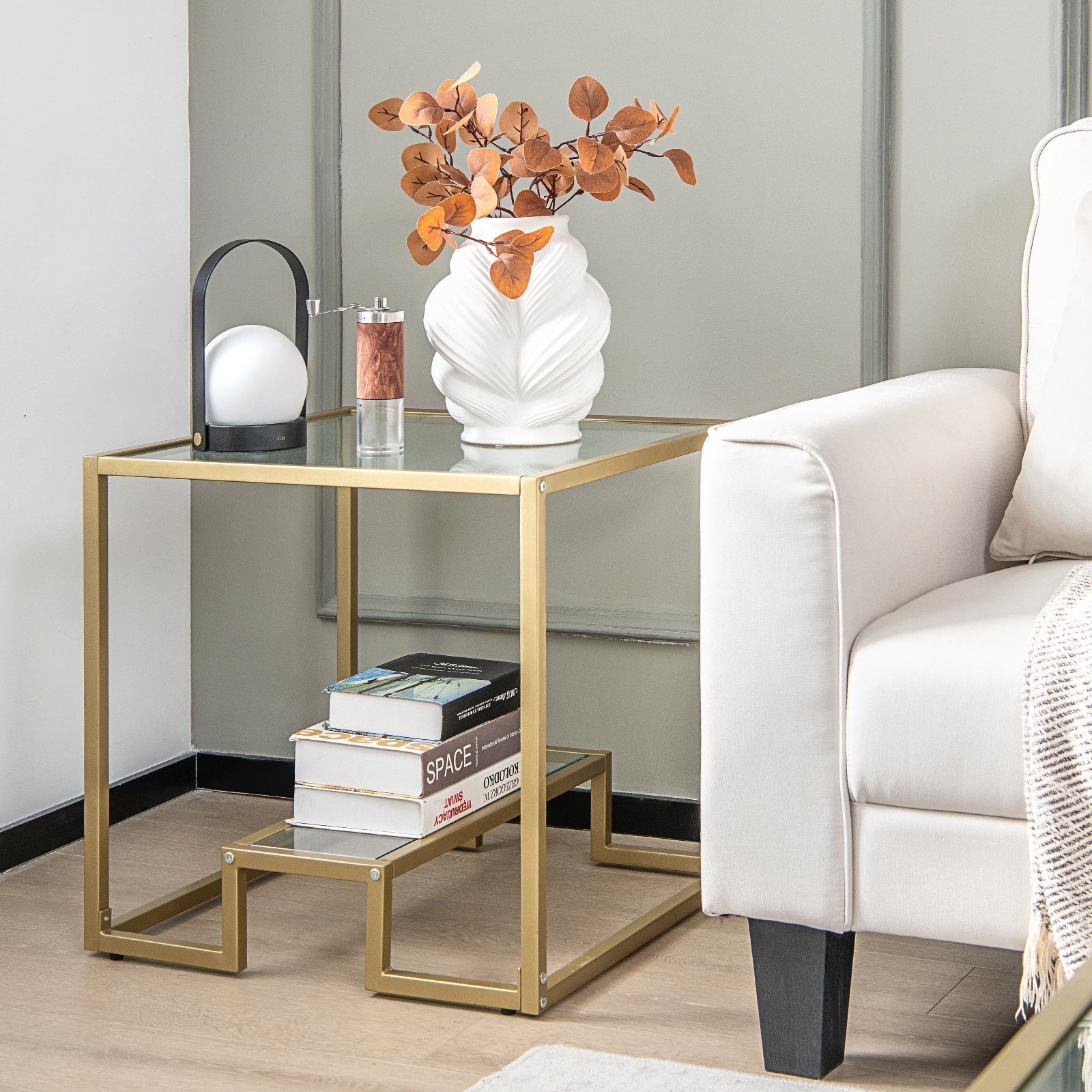 COSTWAY Beistelltisch, Tischplatte aus Glas, Metallrahmen, gold, 56x56x56,5cm