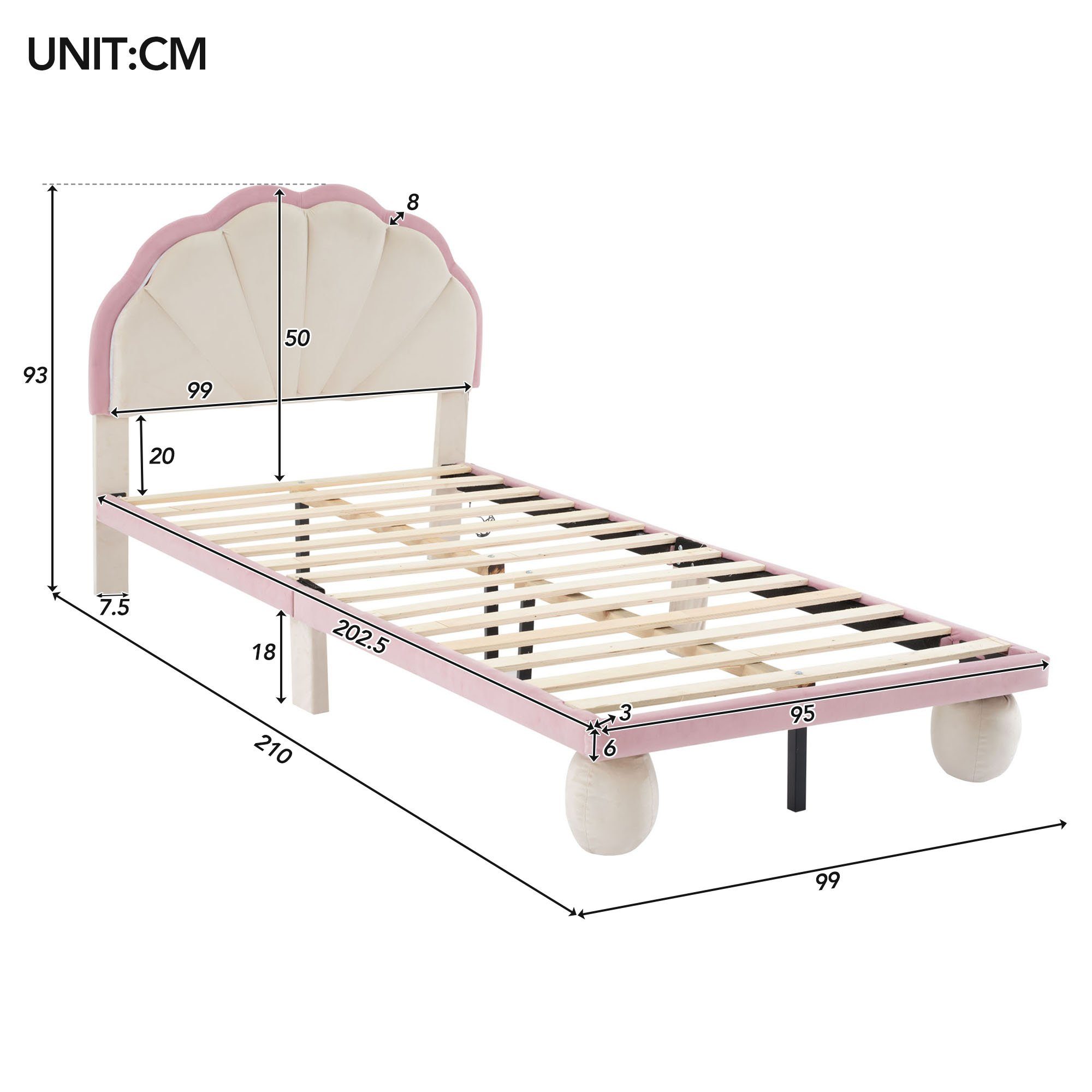 Flieks Polsterbett, LED Beleuchtung Kinderbett Einzelbett mit runden Beine 90x200cm Samt