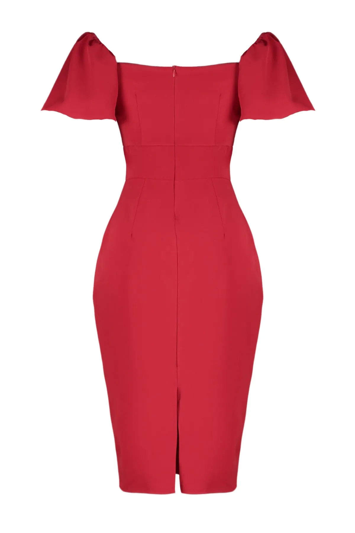 Trendyol Curve  Rotes, körperbetontes, trägerloses, gewebtes Kleid mit Ballonärmeln TBBSS22AH00040