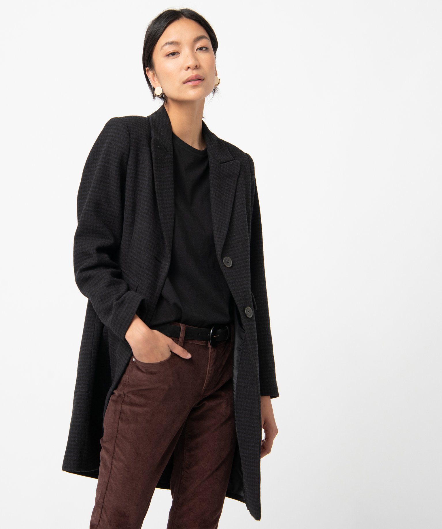 Manteau femme à motif pied de poule noir | GEMO
