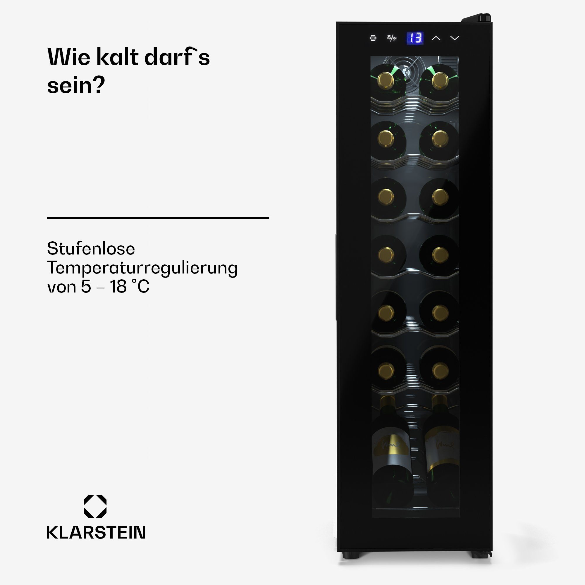 Klarstein Weinkühlschrank Shiraz 14 Slim Uno, für 14 Standardflaschen á 0,75l,Wein Flaschenkühlschrank Weintemperierschrank Weinschrank Kühlschrank