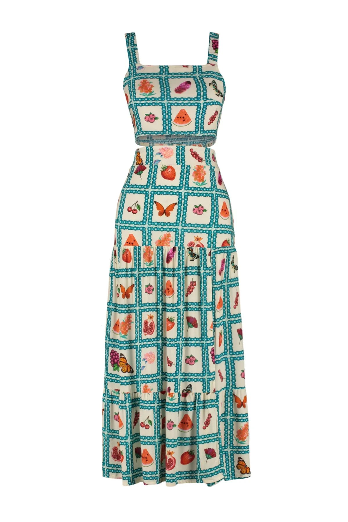Trendyol Collection  Gewebtes Blusen-Rock-Set mit Fruchtmuster und Schlitz TBESS23AU00177