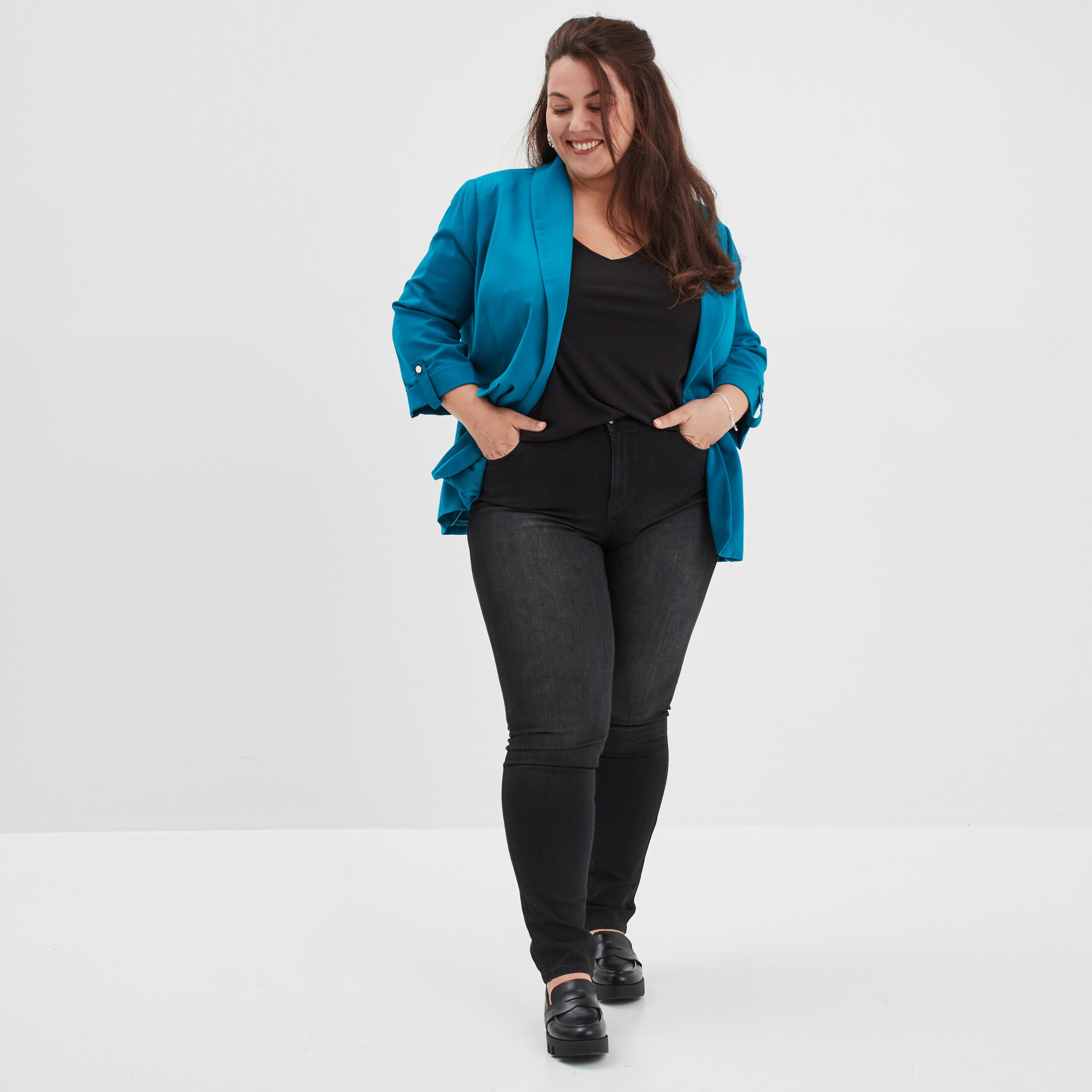 Jeans slim taille ajustable denim noir femme grande taille | La Halle