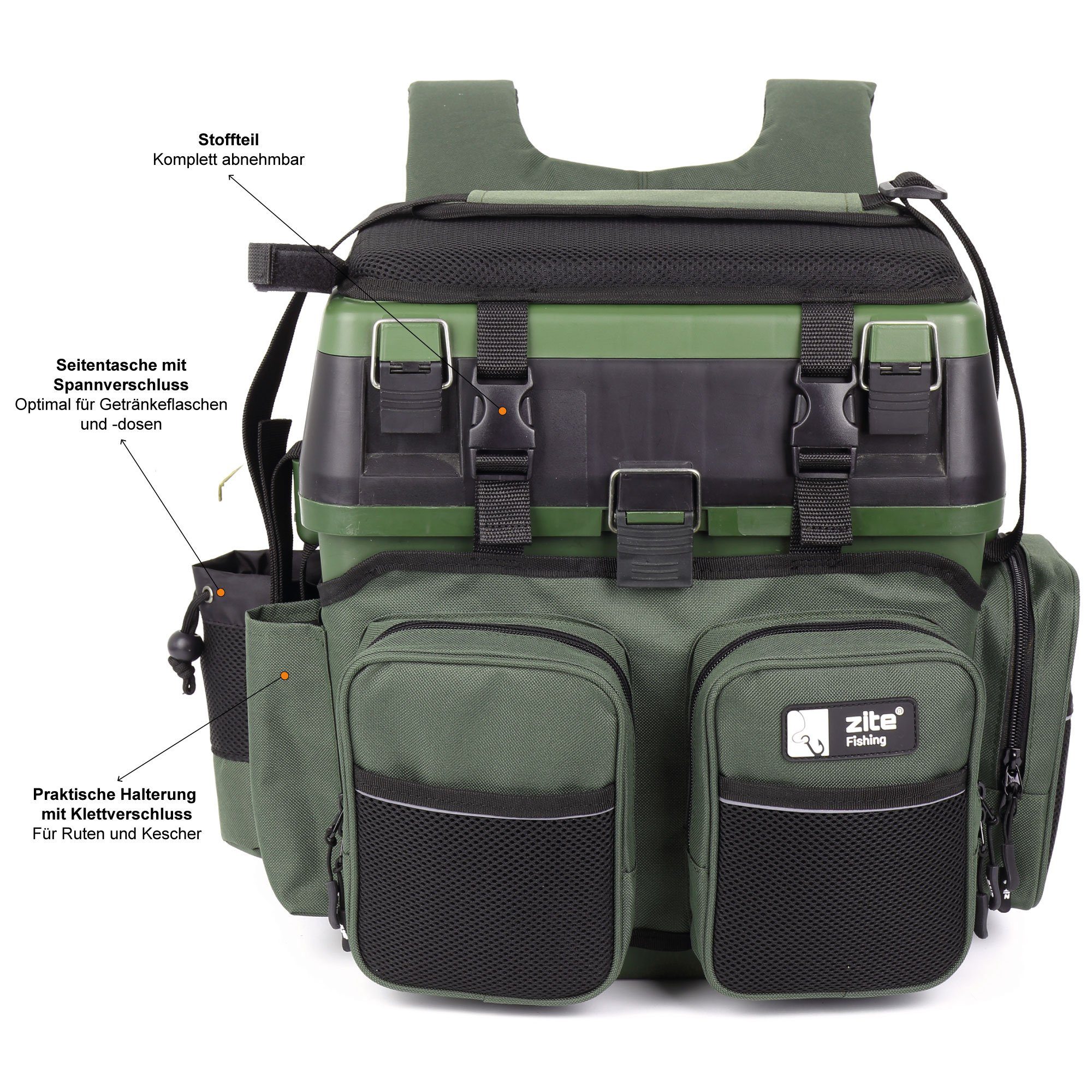 Zite Angelrucksack und Multi-Sitzkiepe in 1 - Inklusive 4 Tackleboxen im Deckel