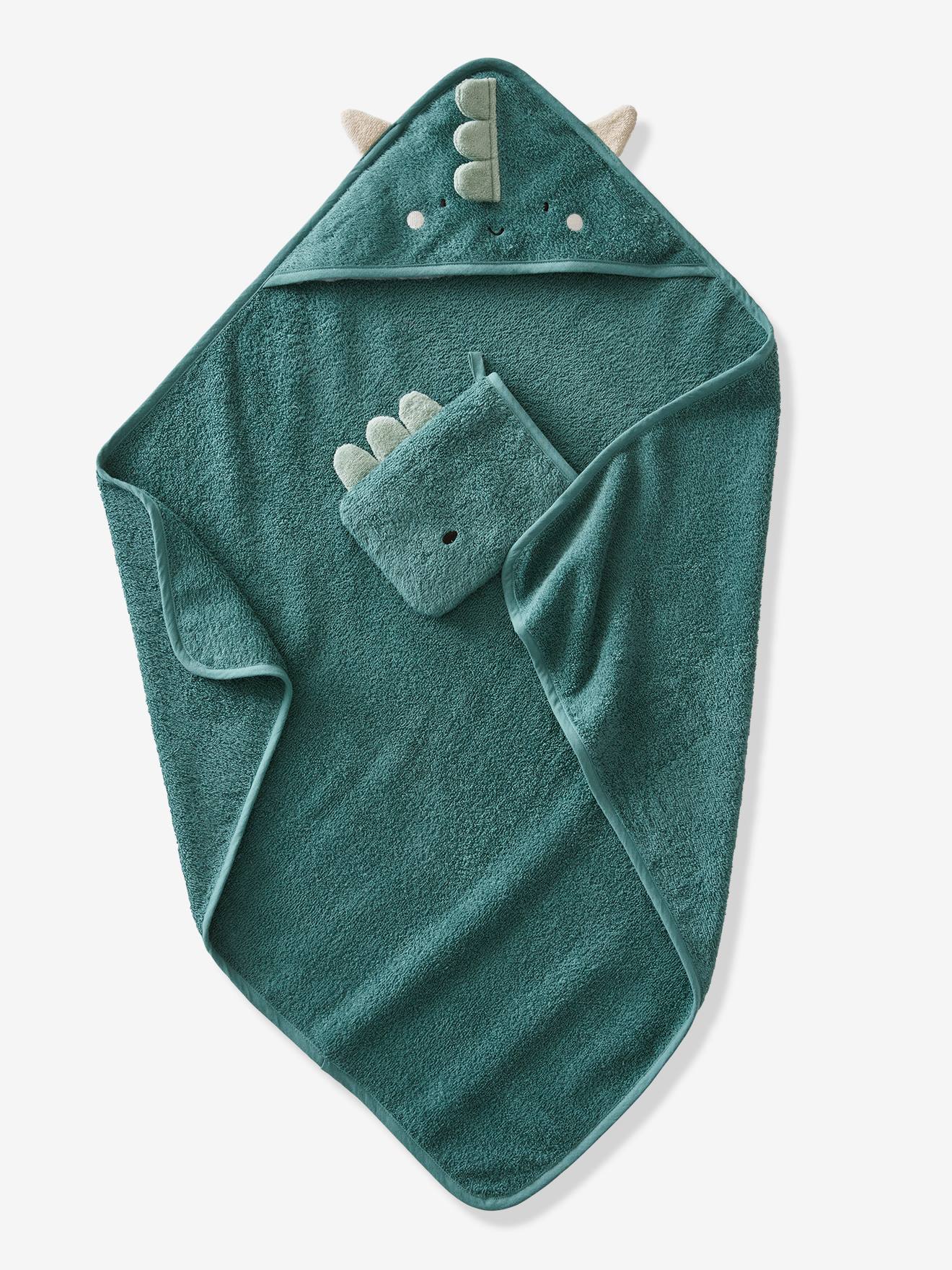 Vertbaudet Baby Kapuzenbadetuch & Waschhandschuh DRACHE - grün