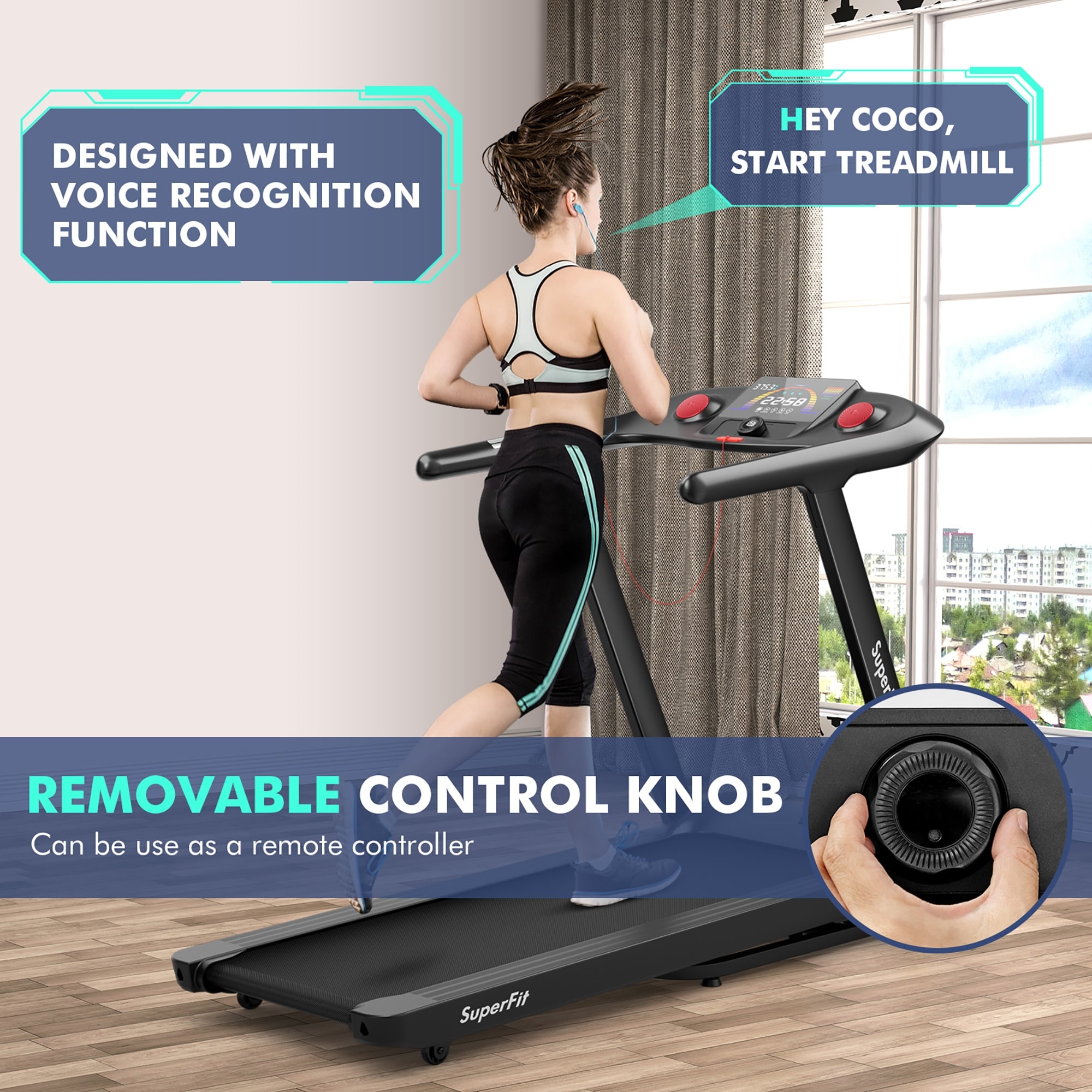 SuperFit 4.75HP Folding Treadmill w/Preset Programs Touch Screen - 64'' x 30'' x 45''