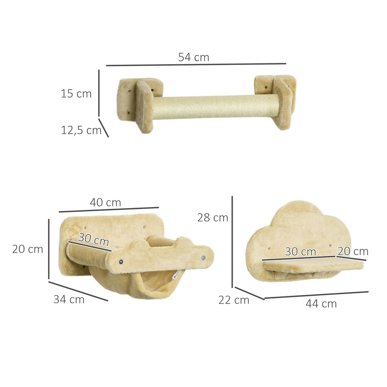 PawHut Katzentreppen-Set 2 Kratzstämme 2 Plattformen mit Plüsch Hängematte Beige