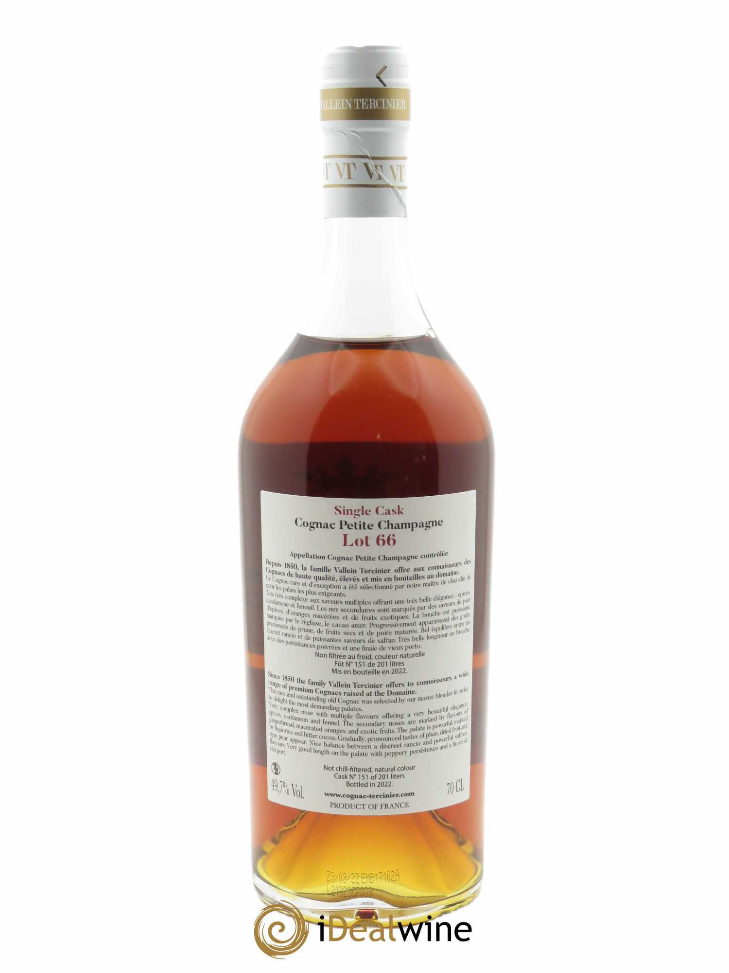 Cognac Vallein Tercinier Lot 66 Petite Champagne (70cl)  - Lot de 1 Bouteille