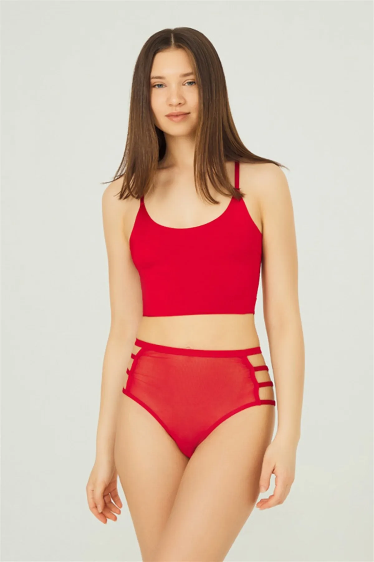 Cottonhill  Roter, transparenter, elastischer, detaillierter Bikinihöschen aus Tüll mit hoher Taille