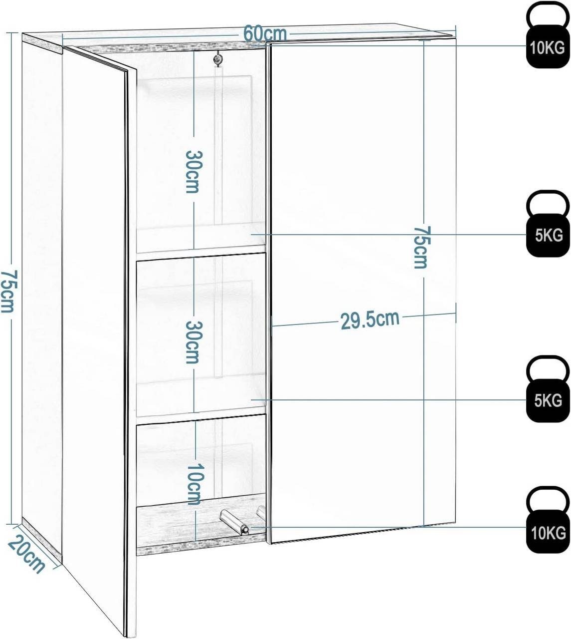 EUGAD Spiegelschrank (1-St) mit Doppeltür, 60x75x20cm, weiß und helle Eiche