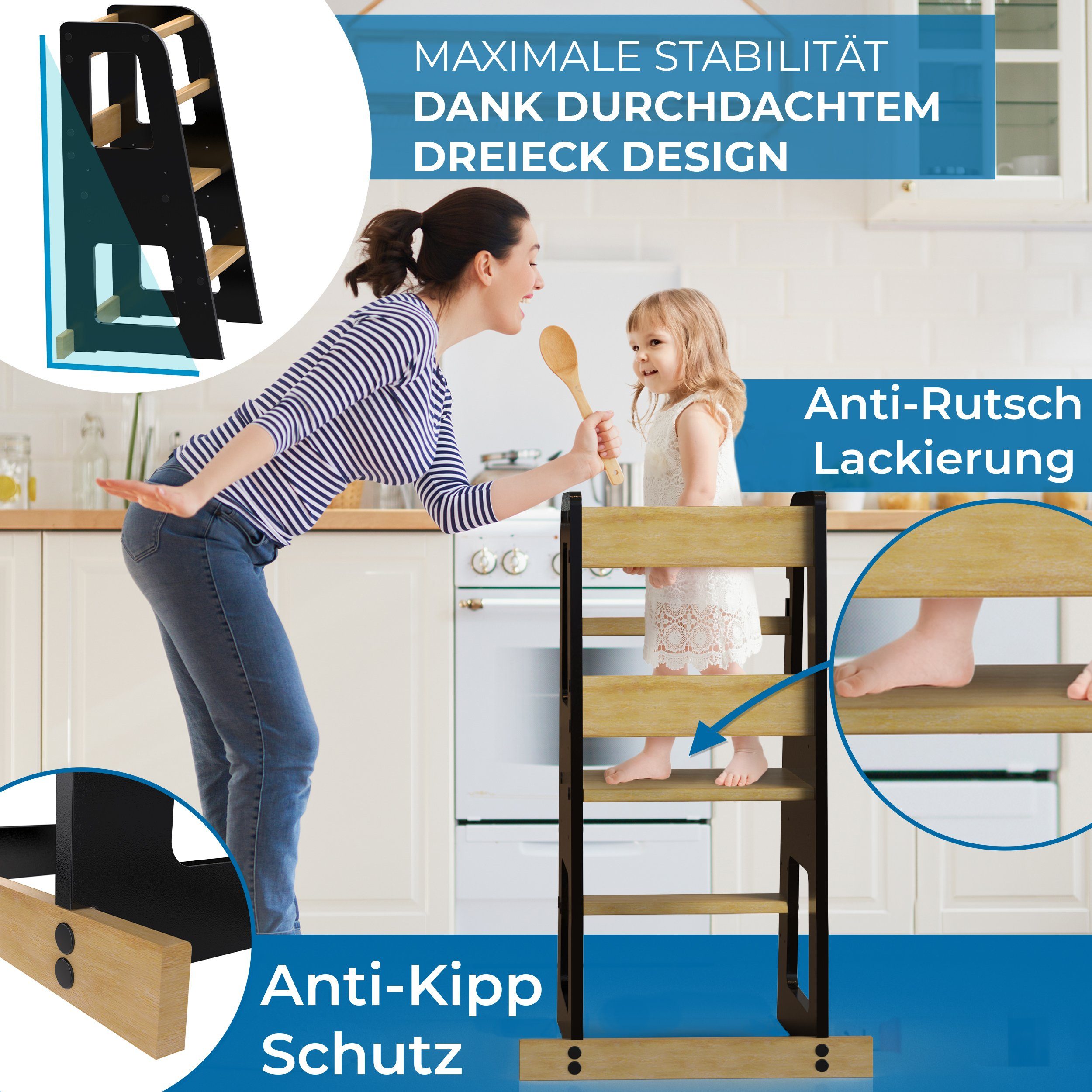 Schwanfeld Stehhilfe - Lernturm ab 1 Jahr [Anti Kipp Schutz] (inkl. Montagezubehör (Montessori Lernturm aus bruchsicherem FSC Massivholz), (bis zu 50kg belastbar), Learning Tower 3 Level (höhenverstellbar)