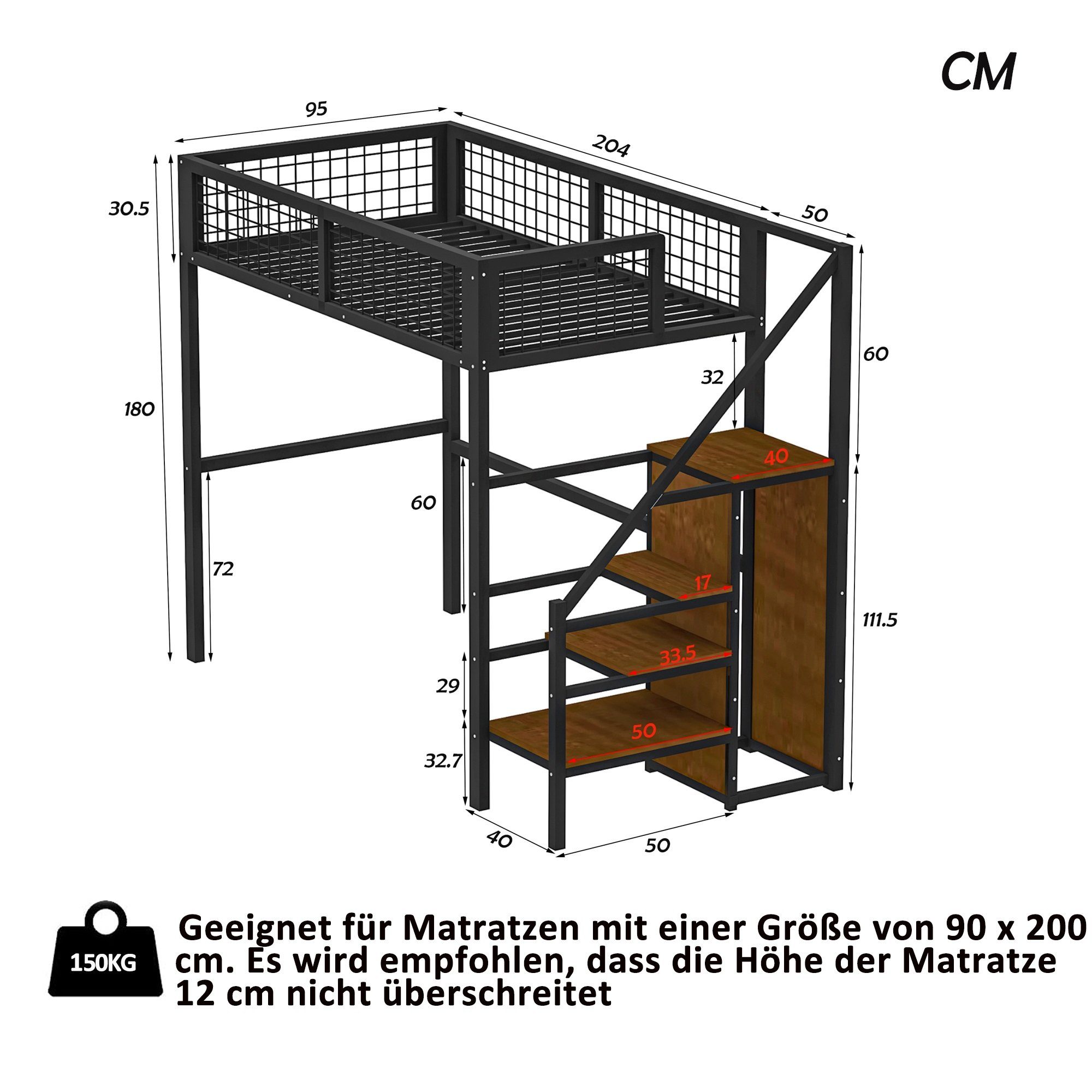 REDOM Metallbett Hochbett Einzelbett Stauraumbett Funktionsbett 90x200 cm (mit Leiter, Kinderbett mit Eisenrahmen und Aufbewahrungsregal, Kleiderschrank), ohne Matratze, Kein Stuhl