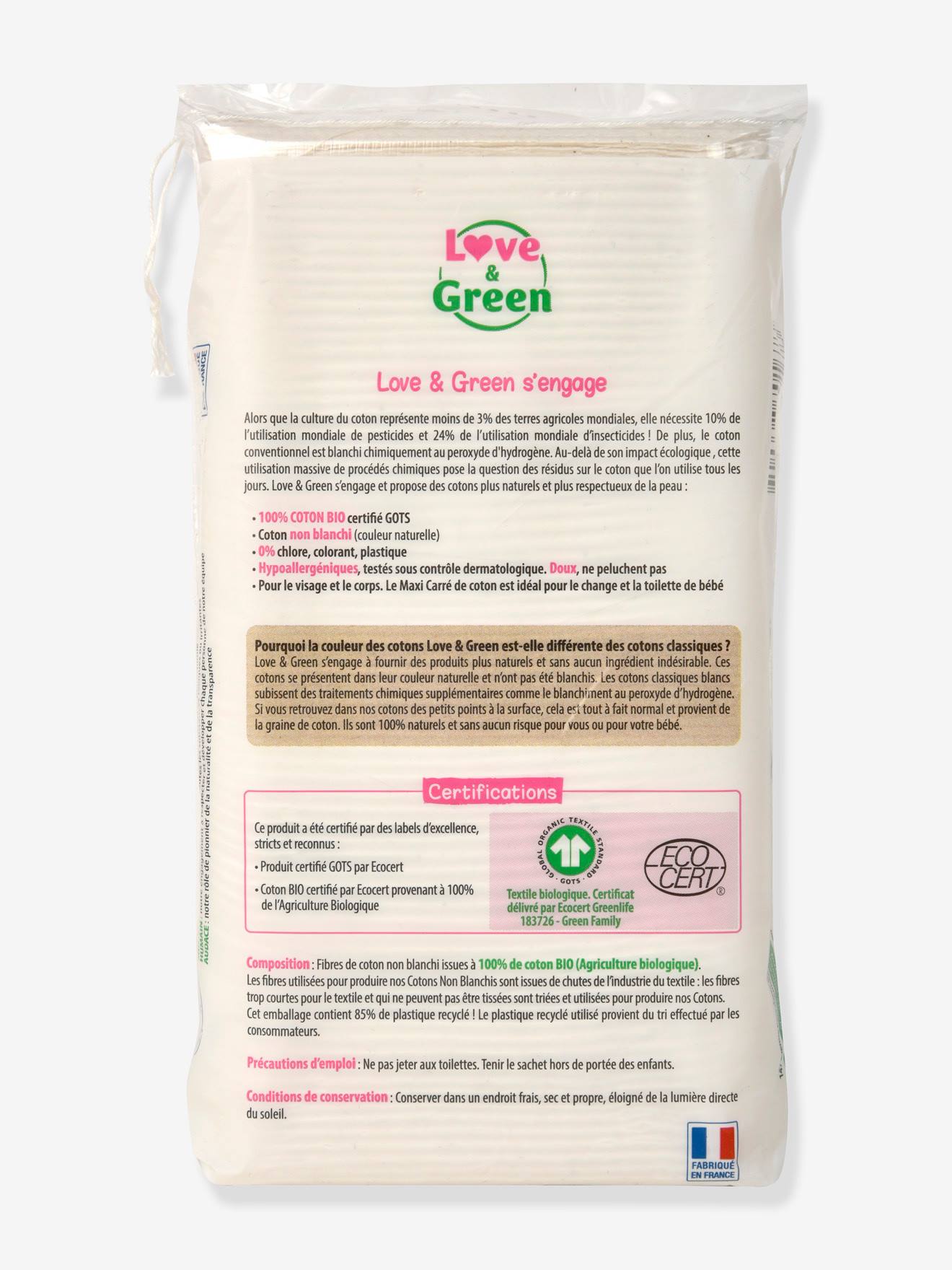 Lot de 70 Maxi carrés hypo-allergéniques LOVE & GREEN pour le visage et le corps blanc